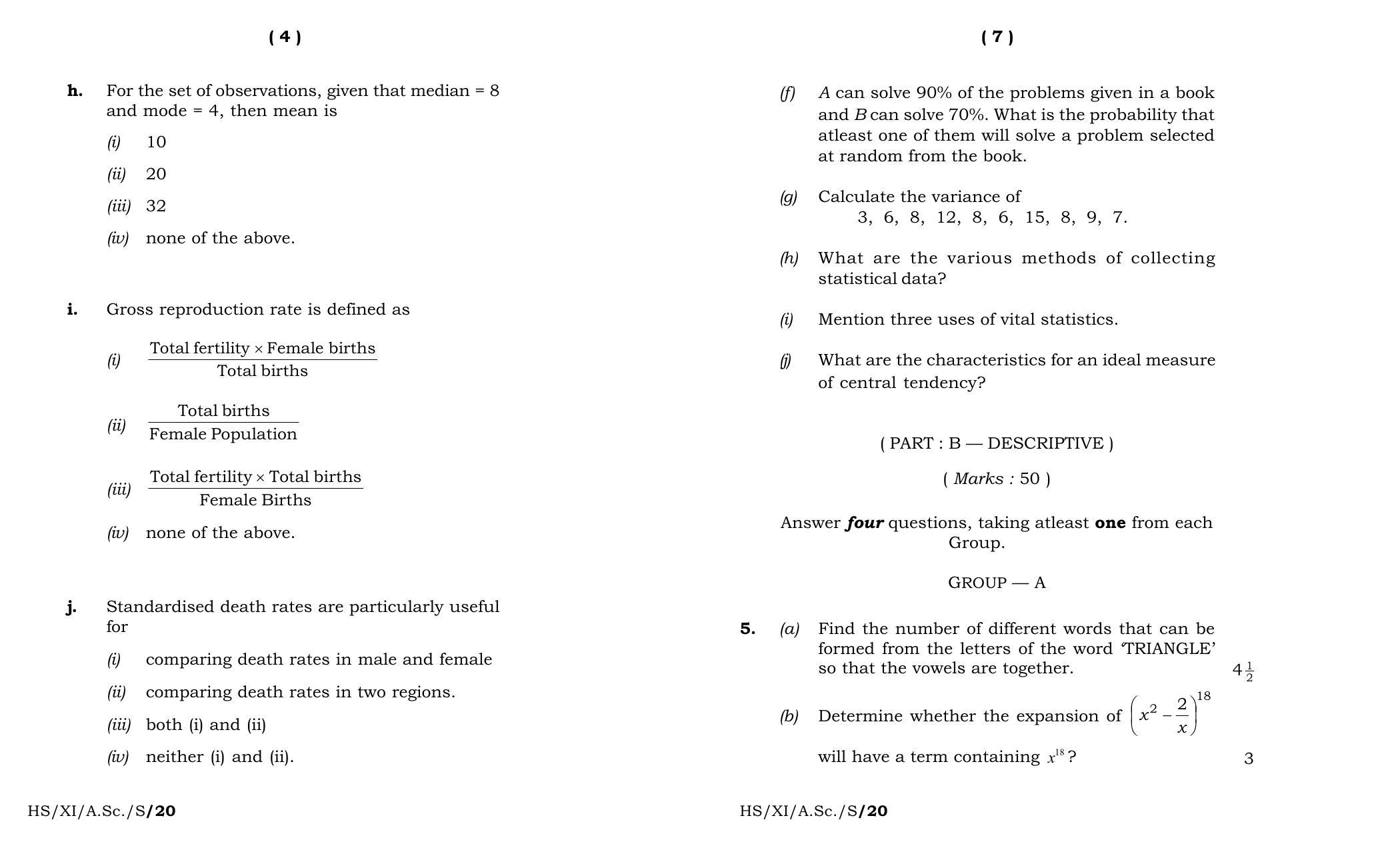 Meghalaya Board (MBOSE) Class 11 Statistics 2020 Question Paper - Page 4