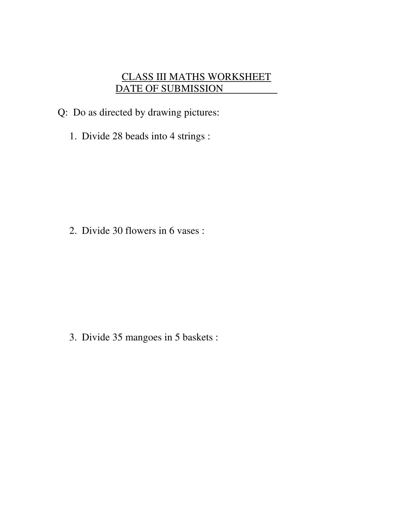 Worksheet for Class 3 Mathematics Division Assignment I - Page 1