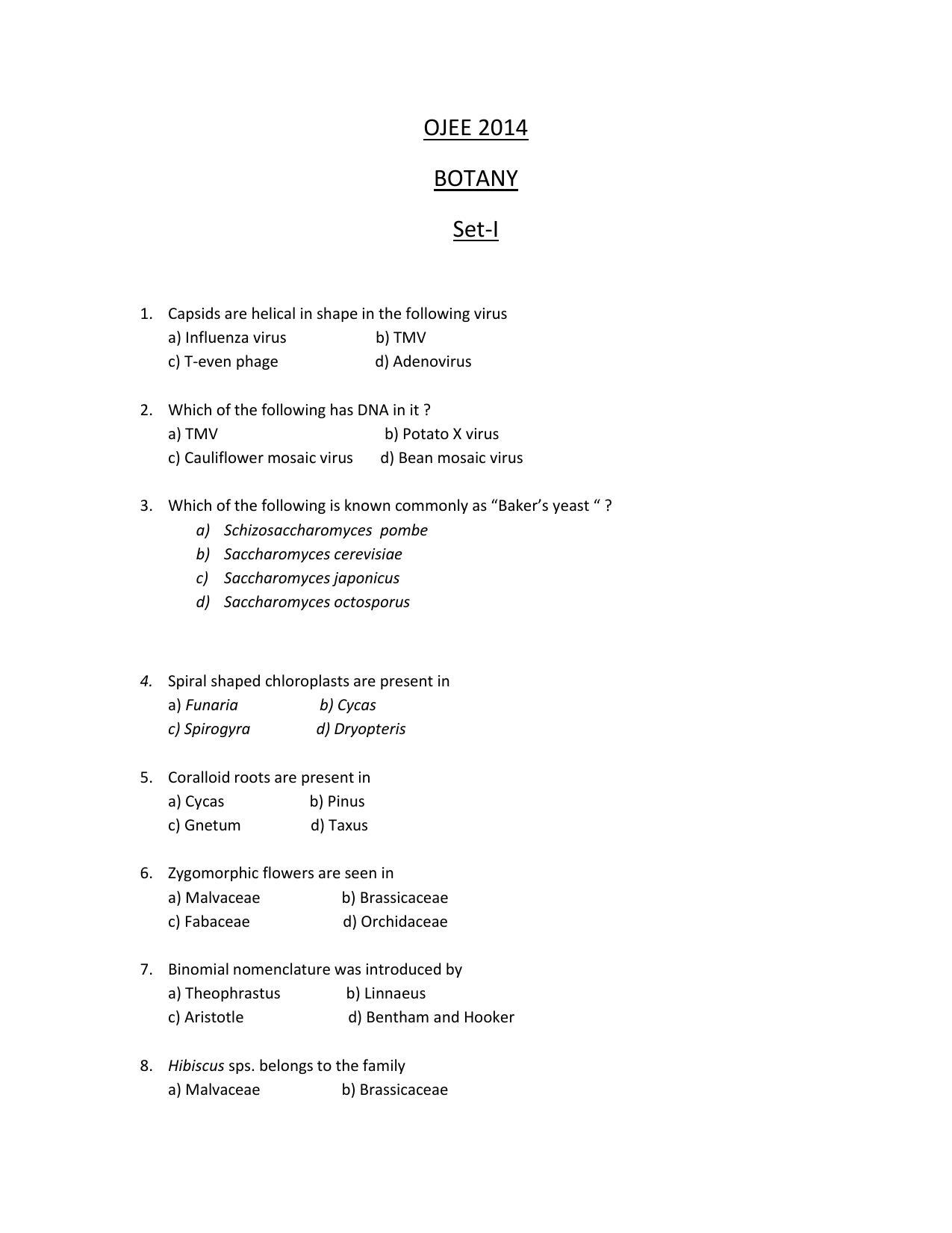 OJEE 2014 Botany Question Paper - Page 1