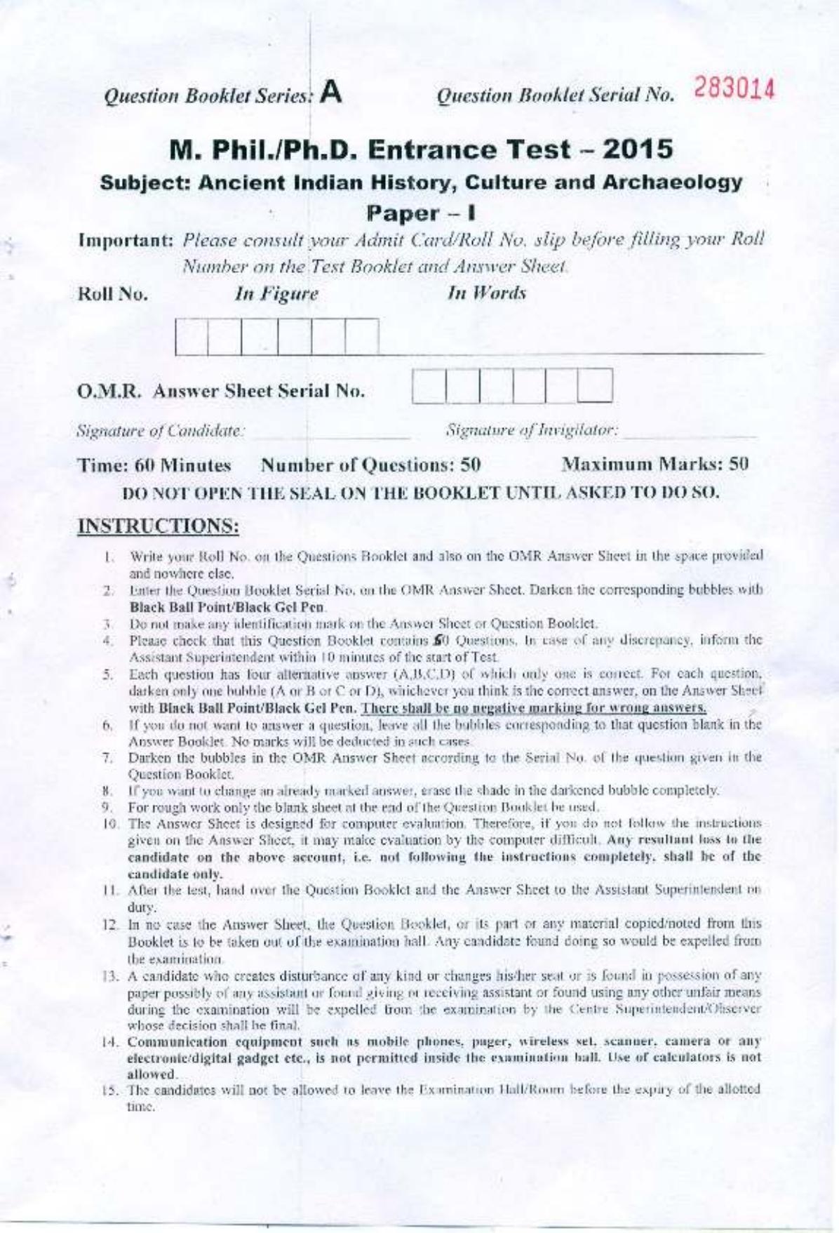 PU MPET Ancient Indian History 2015 Question Paper - Page 1