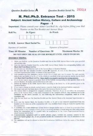 PU MPET Ancient Indian History 2015 Question Paper