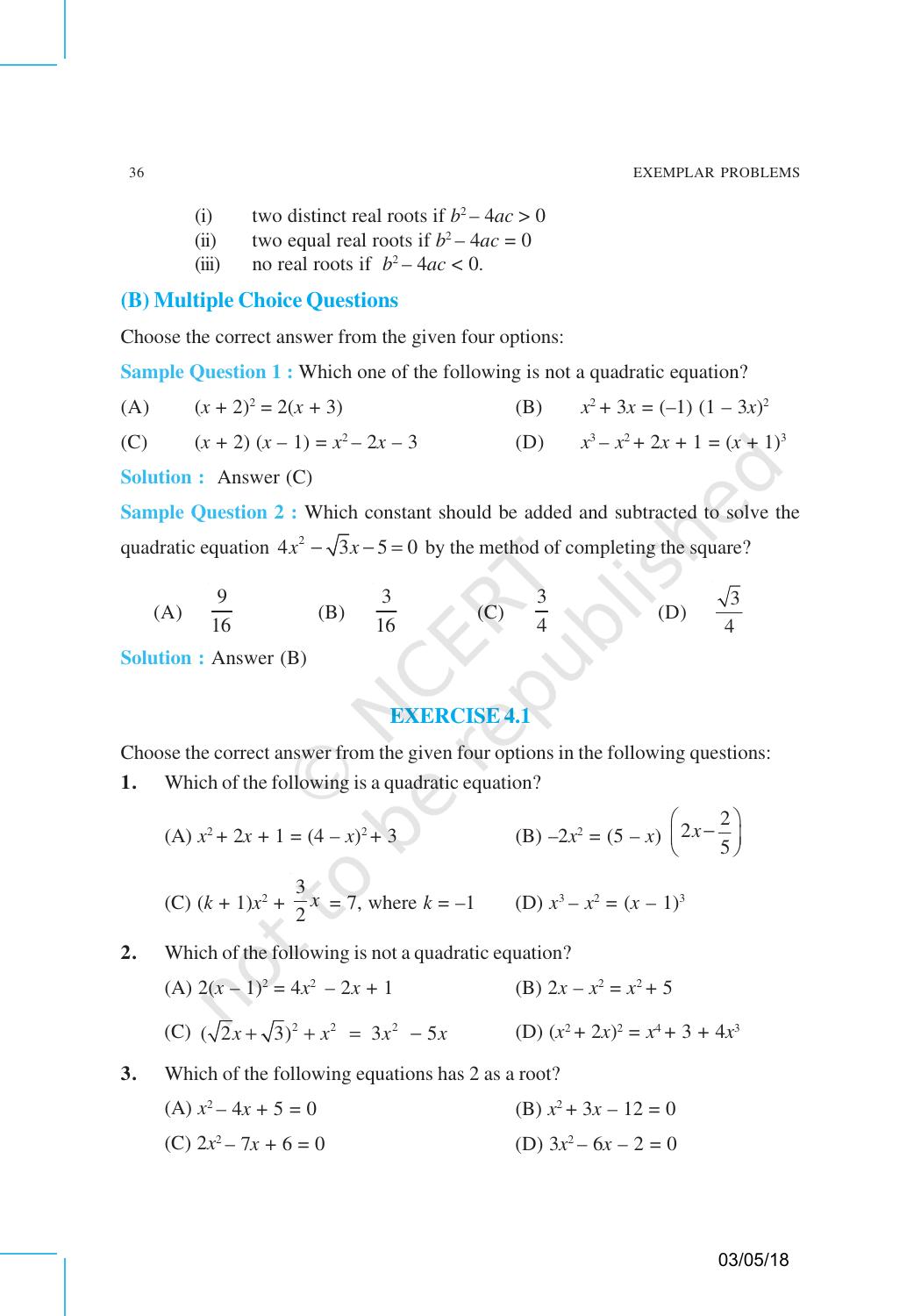 NCERT Exemplar Book for Class 10 Maths: Chapter 4 Quadratic Equations - Page 2