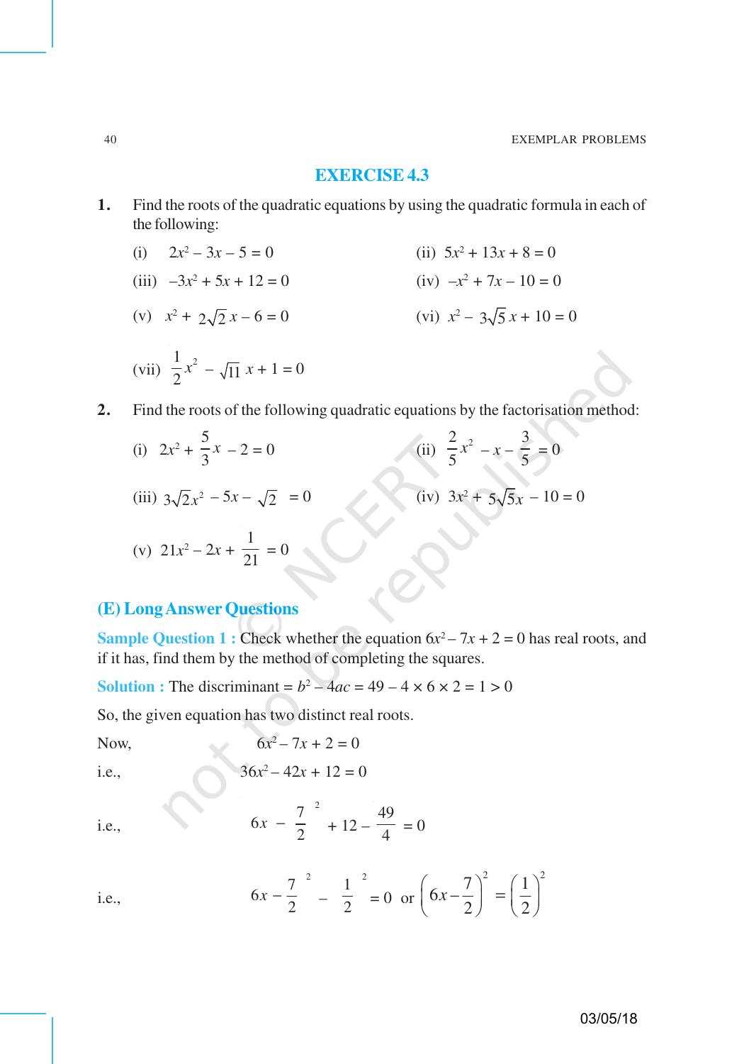 NCERT Exemplar Book for Class 10 Maths: Chapter 4 Quadratic Equations - Page 6