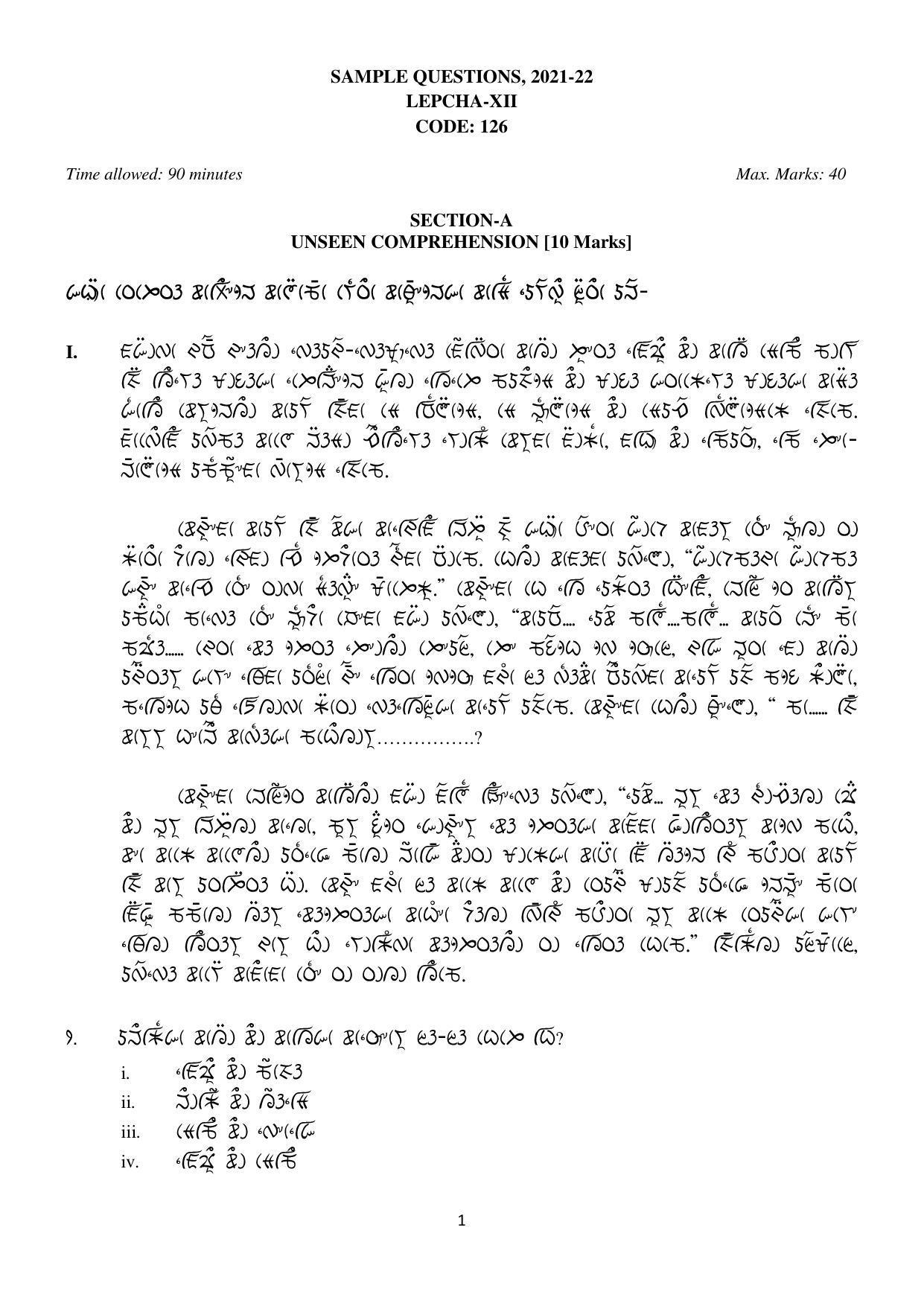 CBSE Class 12th Lepcha Sample Question Paper 2021-22 - Page 1