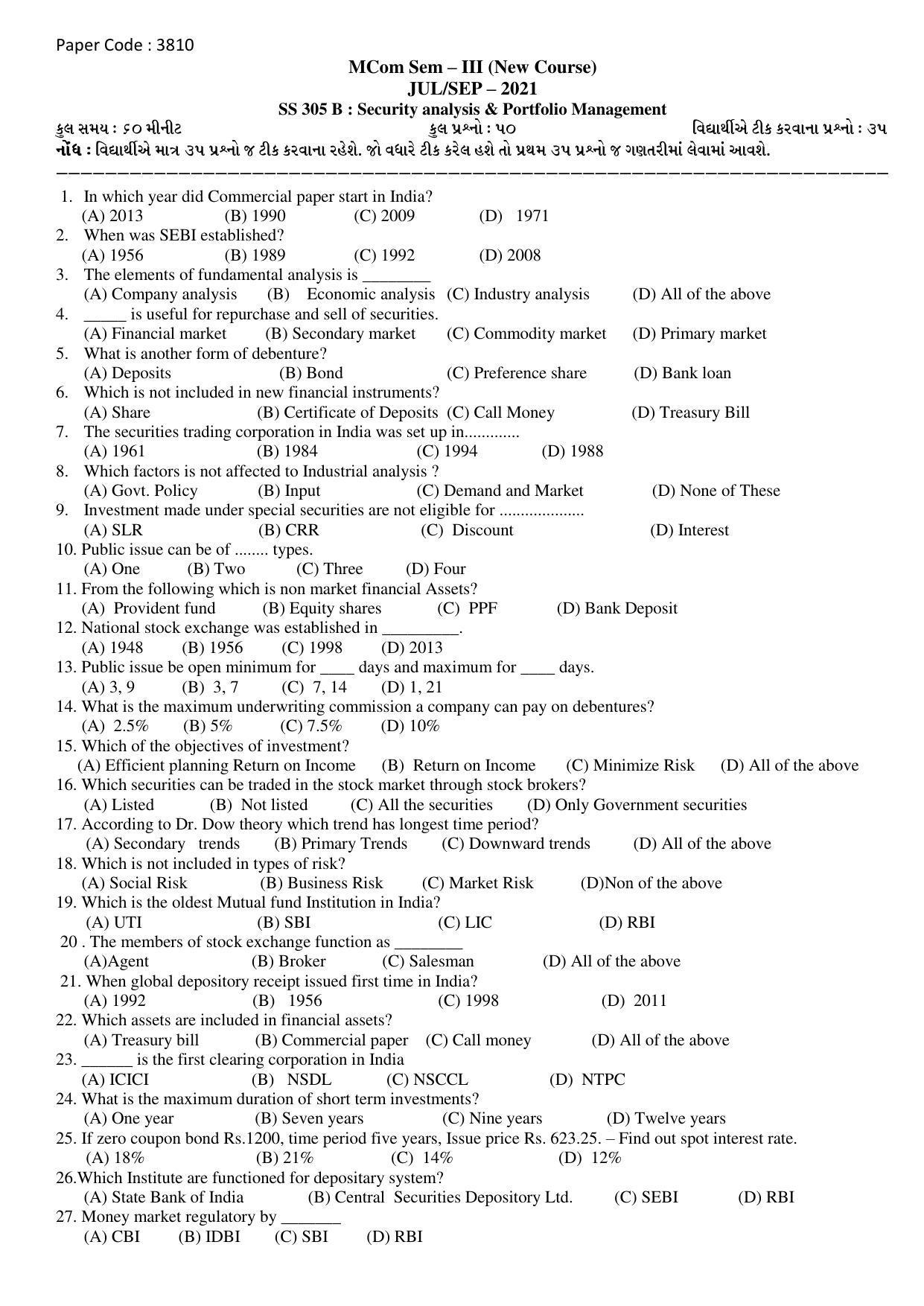 Hemchand North Gujarat University Sample Paper July-Sept 2021: M.Com Sem – III SS-305 B : Security analysis & Portfolio Management Paper Code : 3810 (New Course) - Page 3