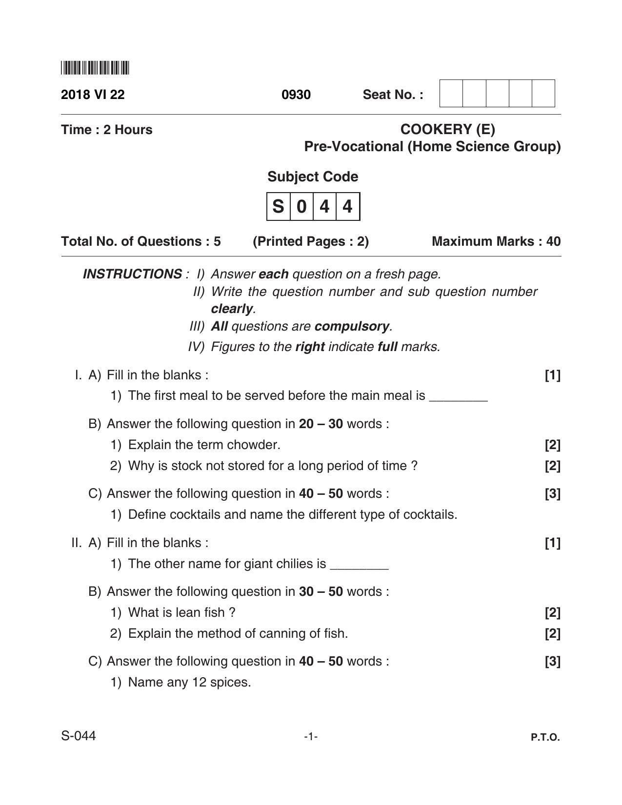 Goa Board Class 10 Cookery(E)  044 E (June 2018) Question Paper - Page 1