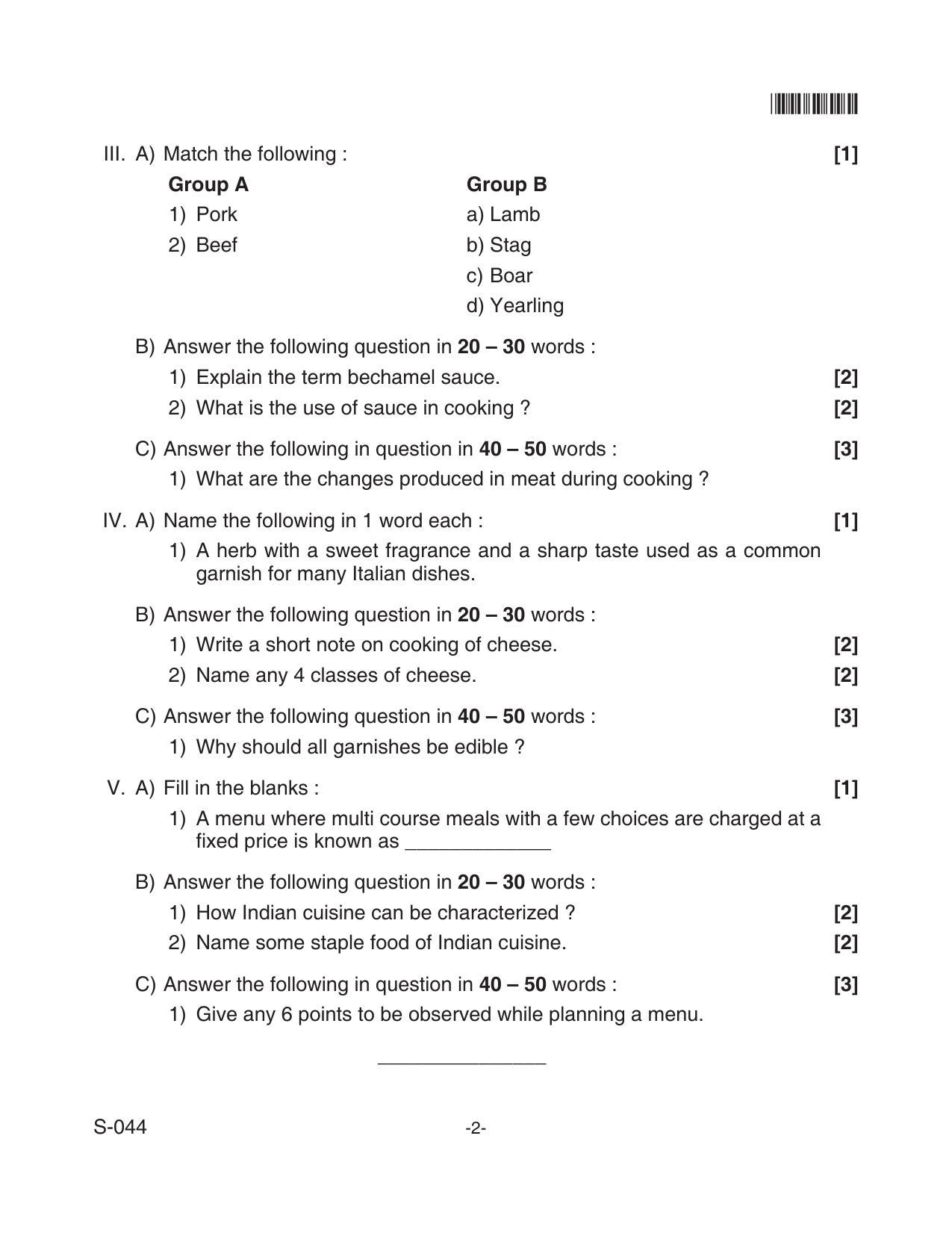 Goa Board Class 10 Cookery(E)  044 E (June 2018) Question Paper - Page 2