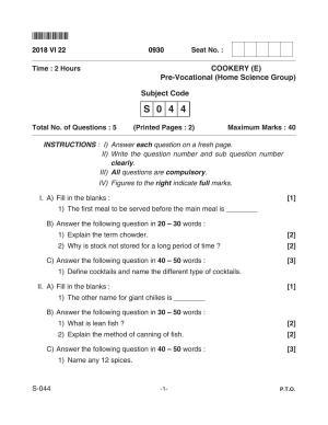 Goa Board Class 10 Cookery(E)  044 E (June 2018) Question Paper