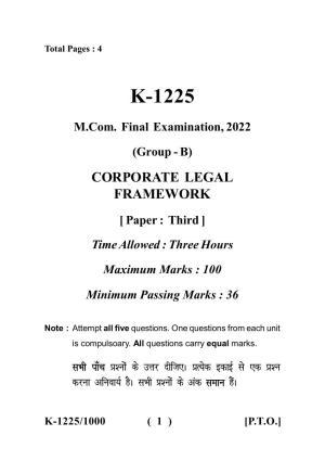 Sarguja University Question Paper - 2022 :   M.Com. (Previous) Corporate Legal Frame Work Paper I
