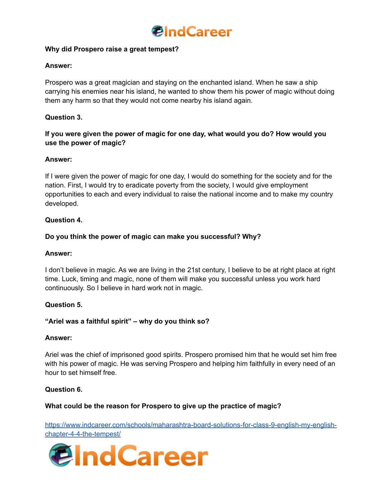 Maharashtra Board Solutions for Class 9- English (My English): Chapter 4.4- The Tempest - Page 36
