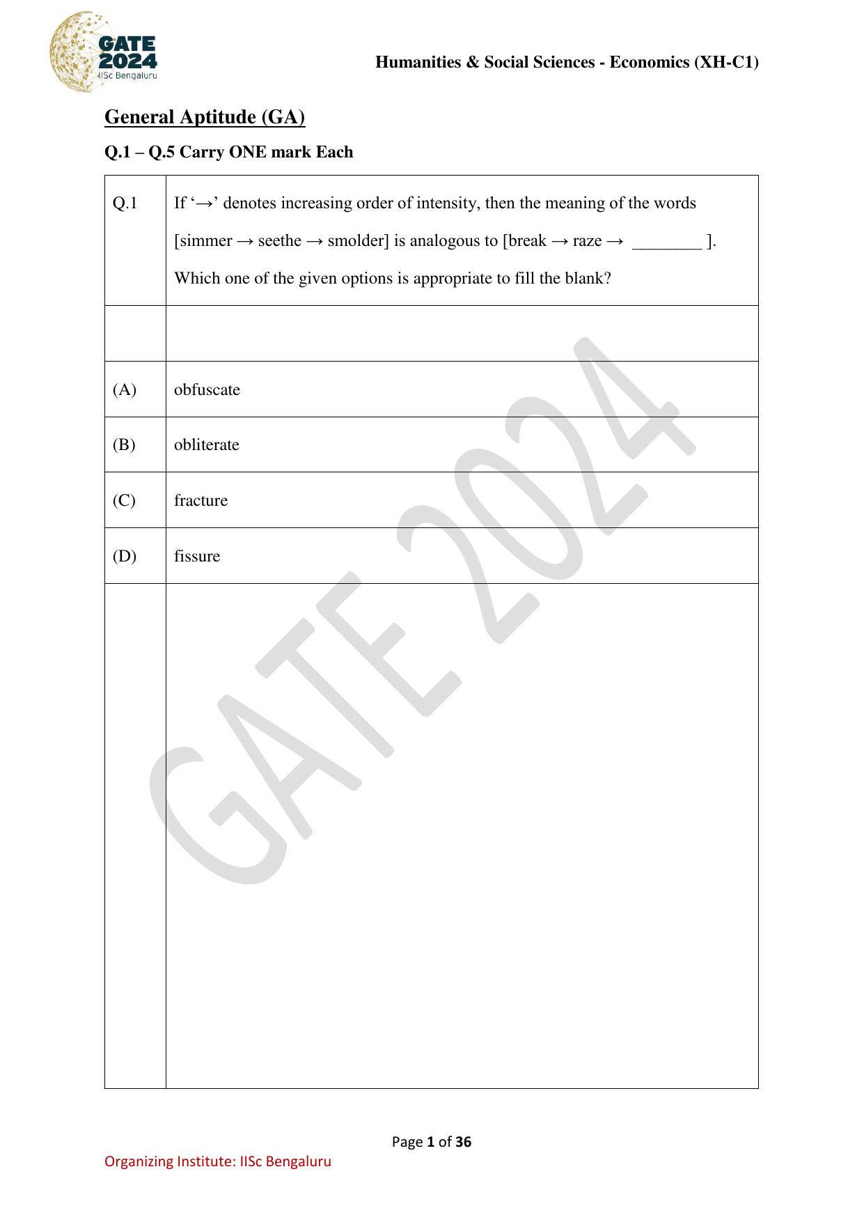 GATE 2024 Humanities & Social Sciences Economics (XH-C1) Question Paper - Page 1