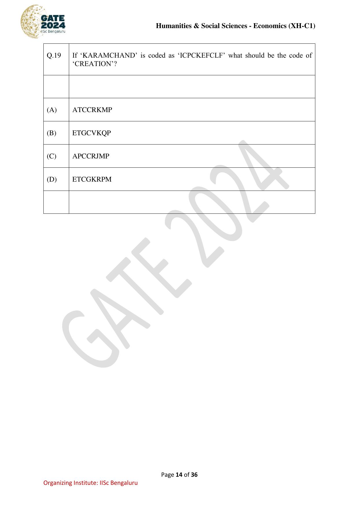 GATE 2024 Humanities & Social Sciences Economics (XH-C1) Question Paper - Page 14
