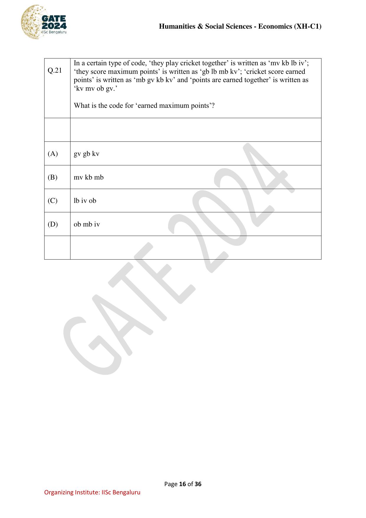 GATE 2024 Humanities & Social Sciences Economics (XH-C1) Question Paper - Page 16