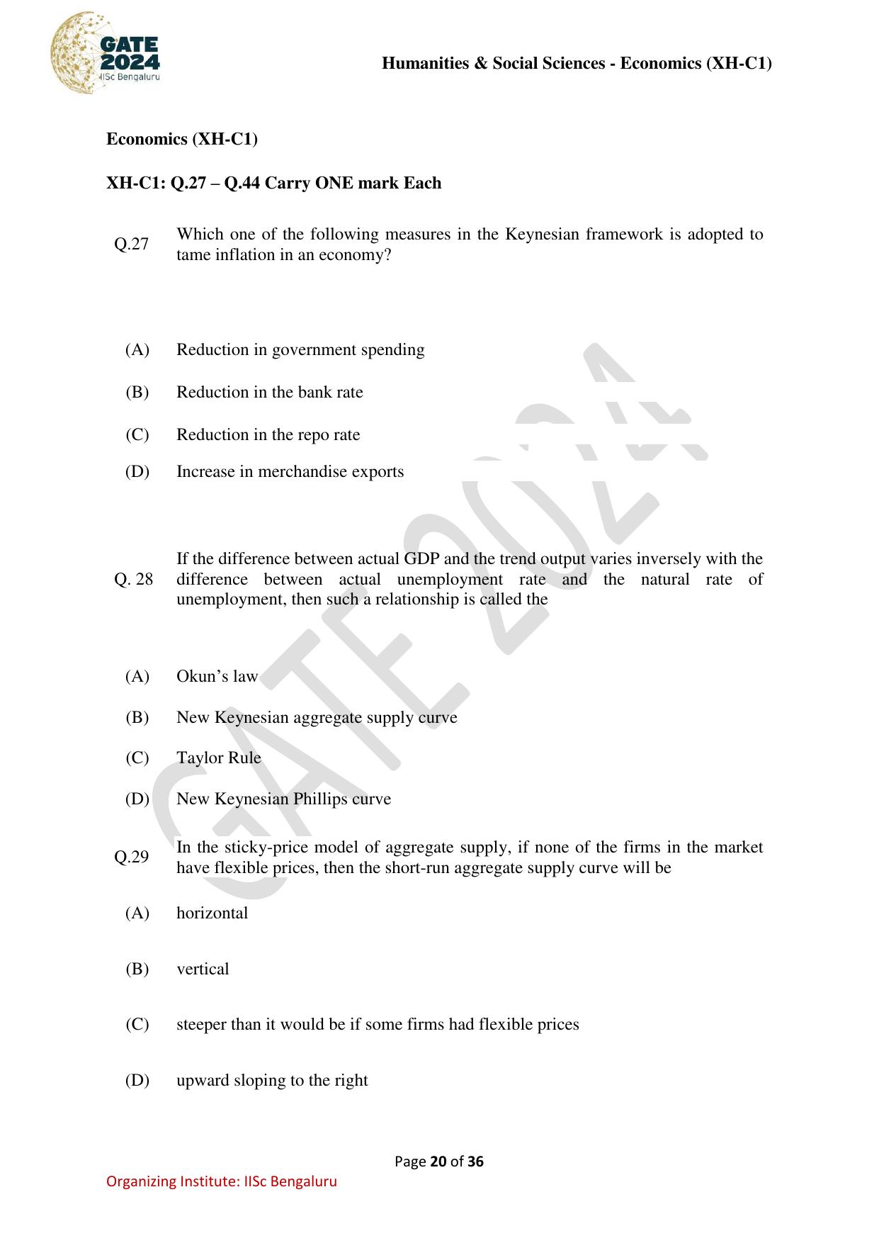 GATE 2024 Humanities & Social Sciences Economics (XH-C1) Question Paper - Page 20