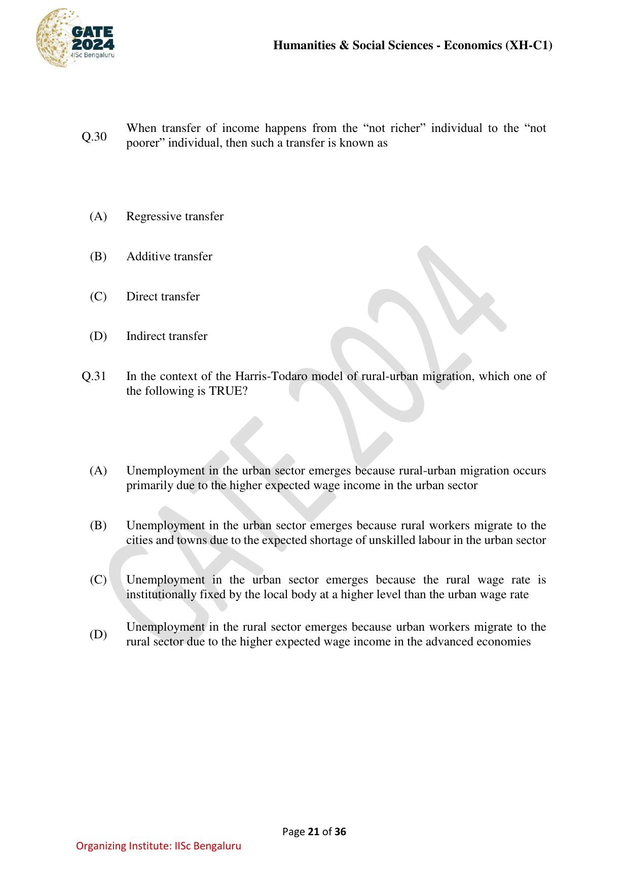GATE 2024 Humanities & Social Sciences Economics (XH-C1) Question Paper - Page 21