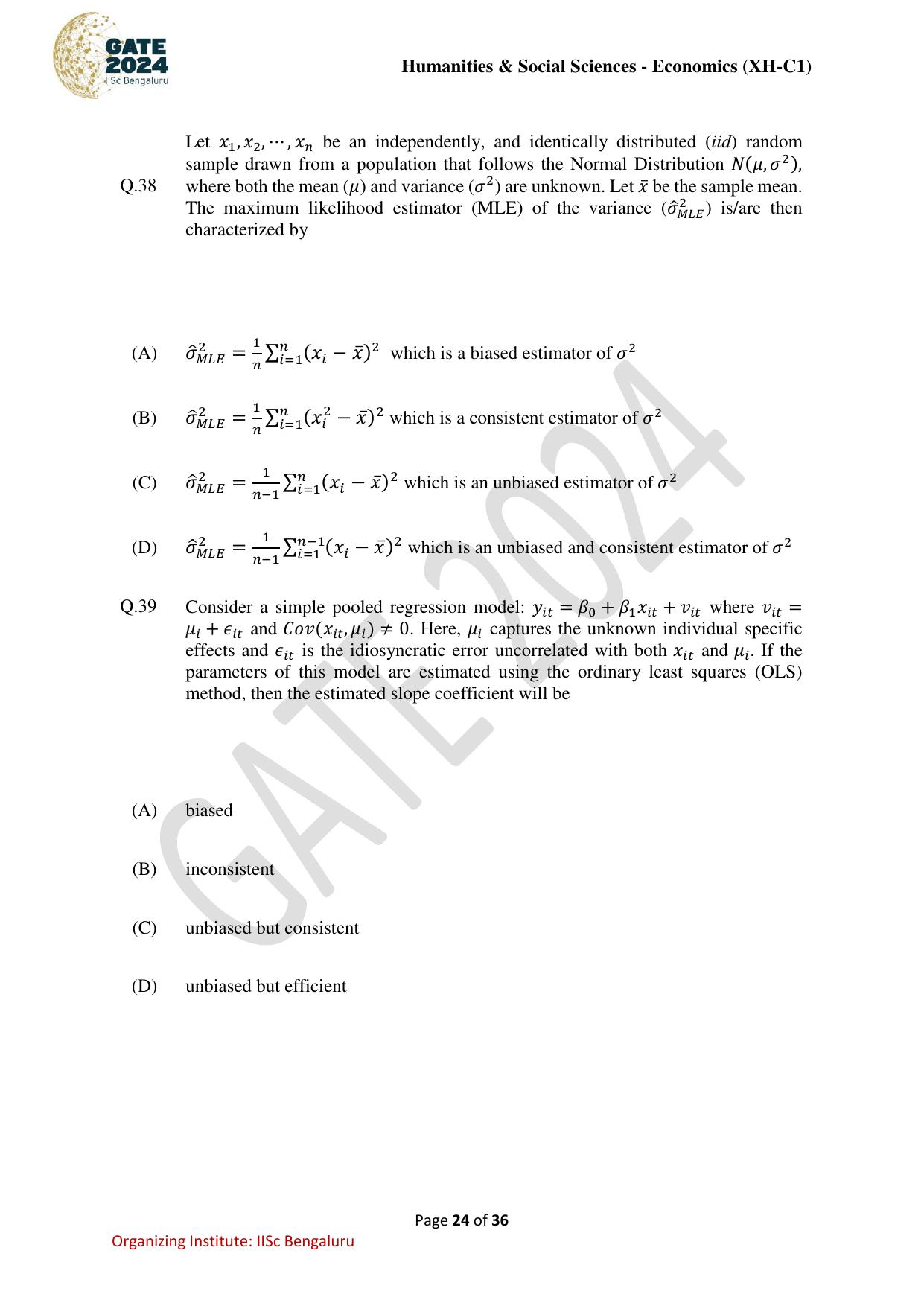 GATE 2024 Humanities & Social Sciences Economics (XH-C1) Question Paper - Page 24