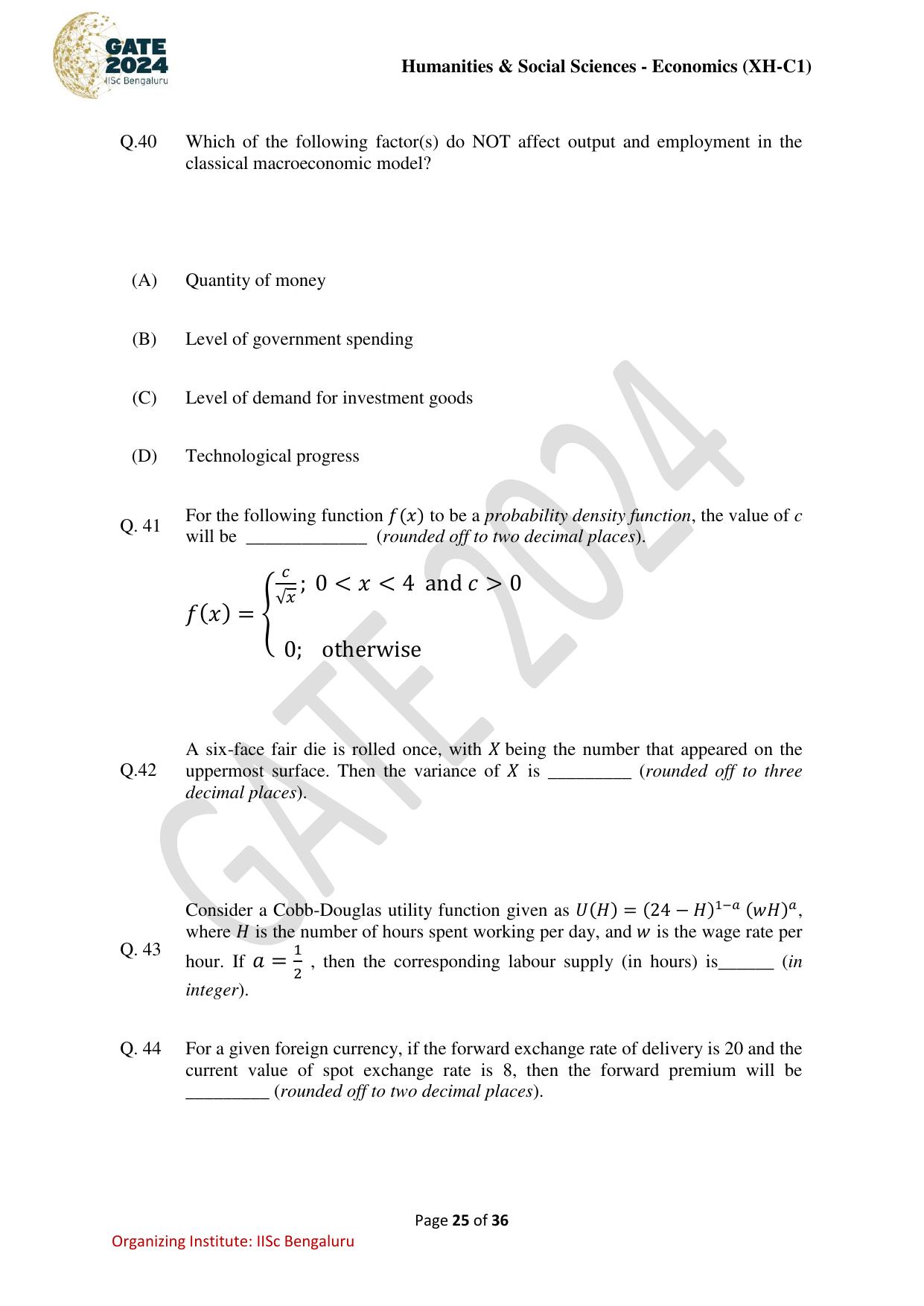 GATE 2024 Humanities & Social Sciences Economics (XH-C1) Question Paper - Page 25