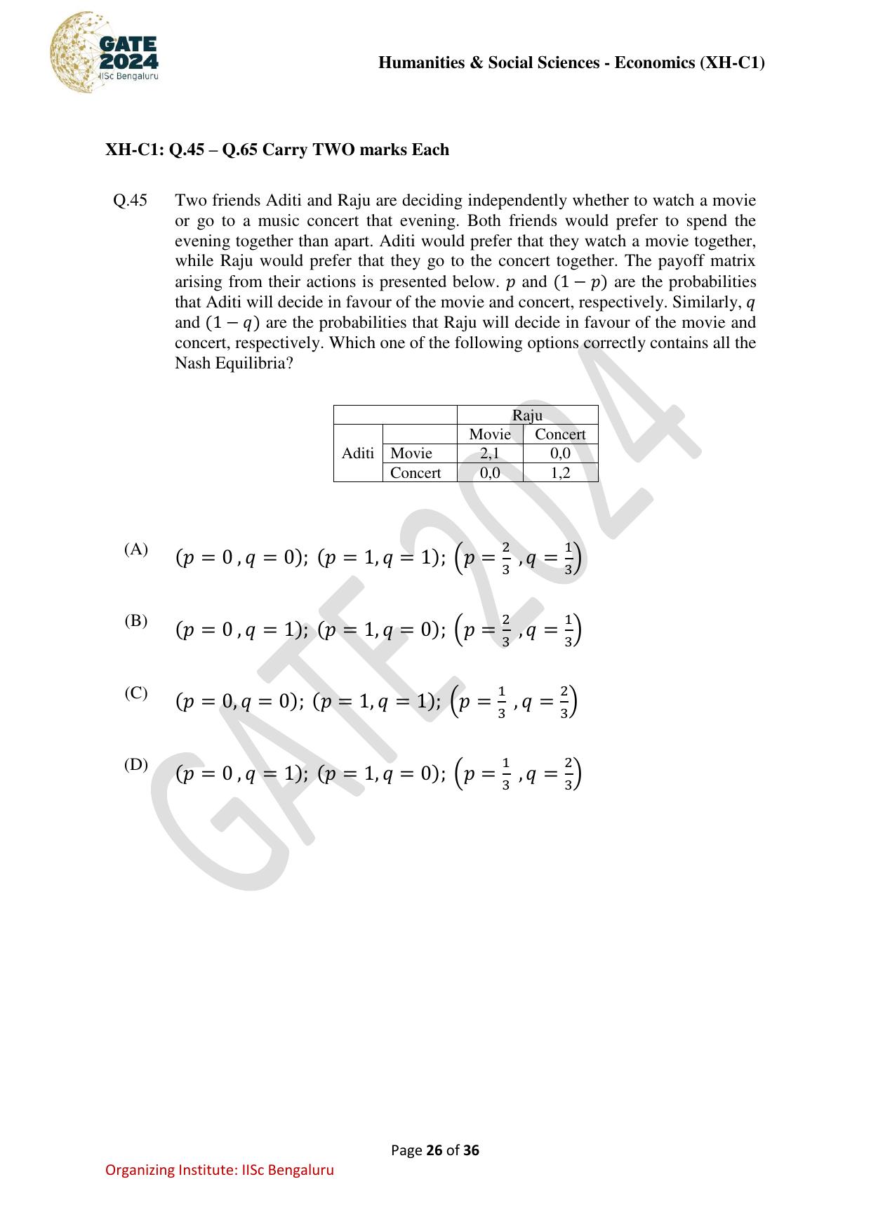 GATE 2024 Humanities & Social Sciences Economics (XH-C1) Question Paper - Page 26
