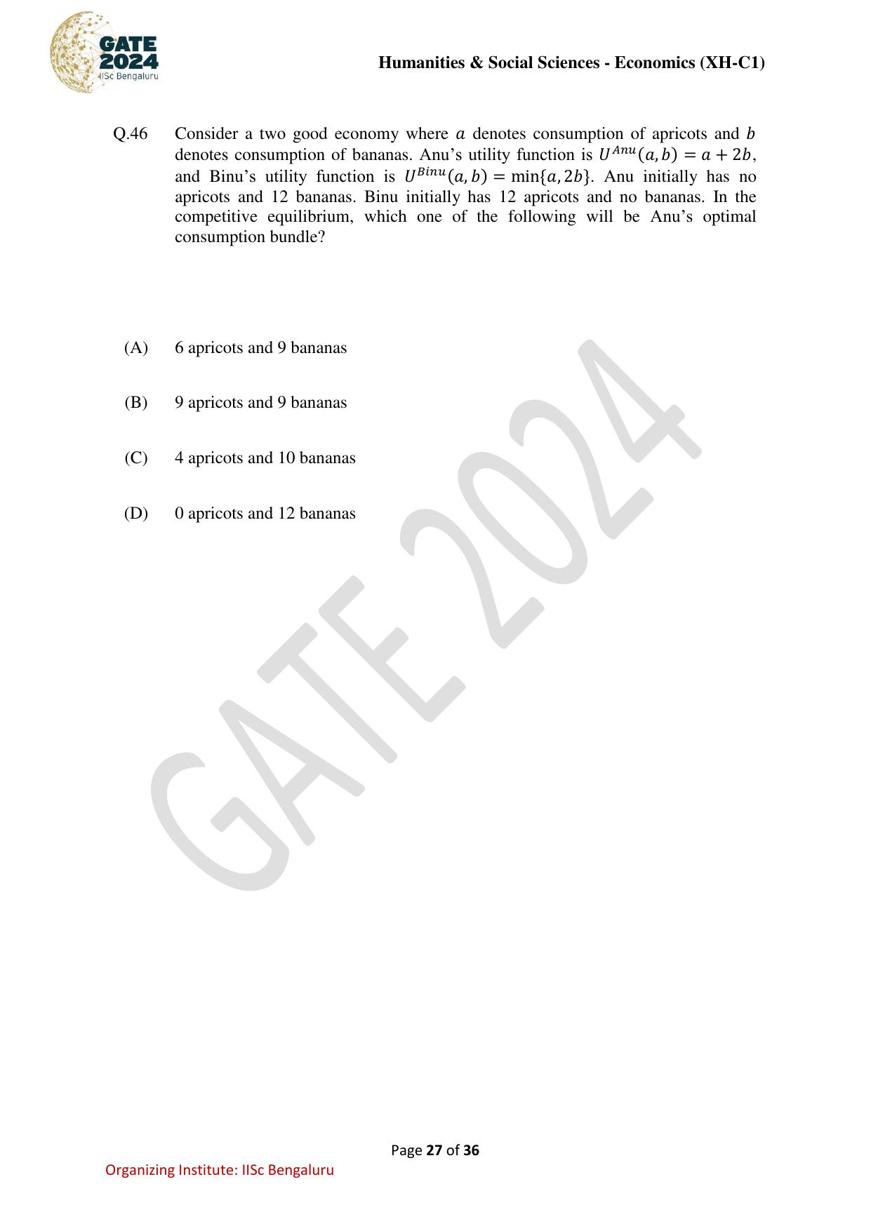 GATE 2024 Humanities & Social Sciences Economics (XH-C1) Question Paper - Page 27