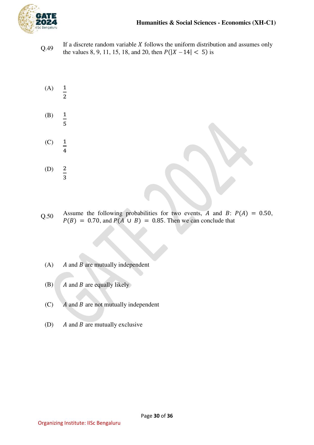 GATE 2024 Humanities & Social Sciences Economics (XH-C1) Question Paper - Page 30