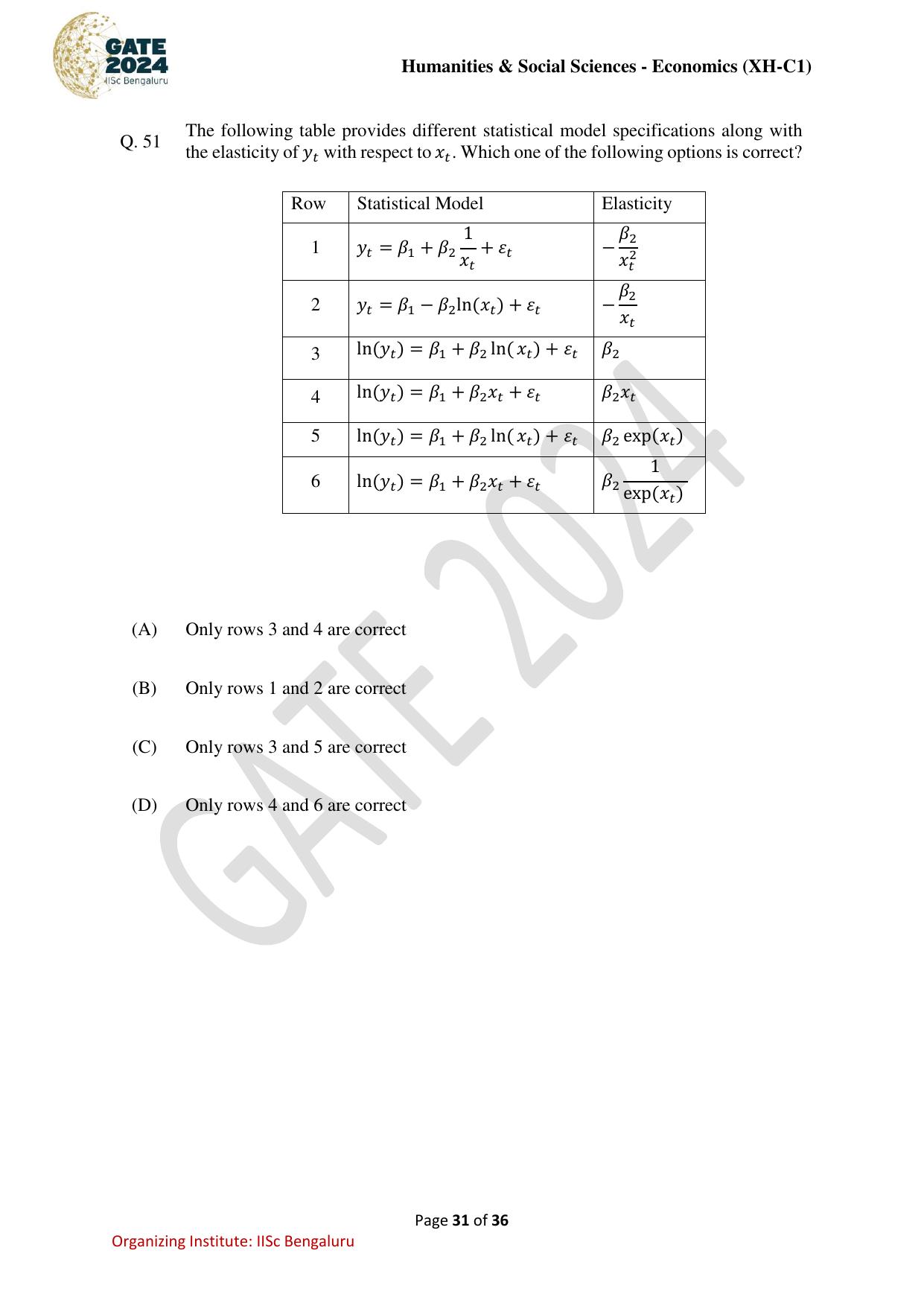 GATE 2024 Humanities & Social Sciences Economics (XH-C1) Question Paper - Page 31