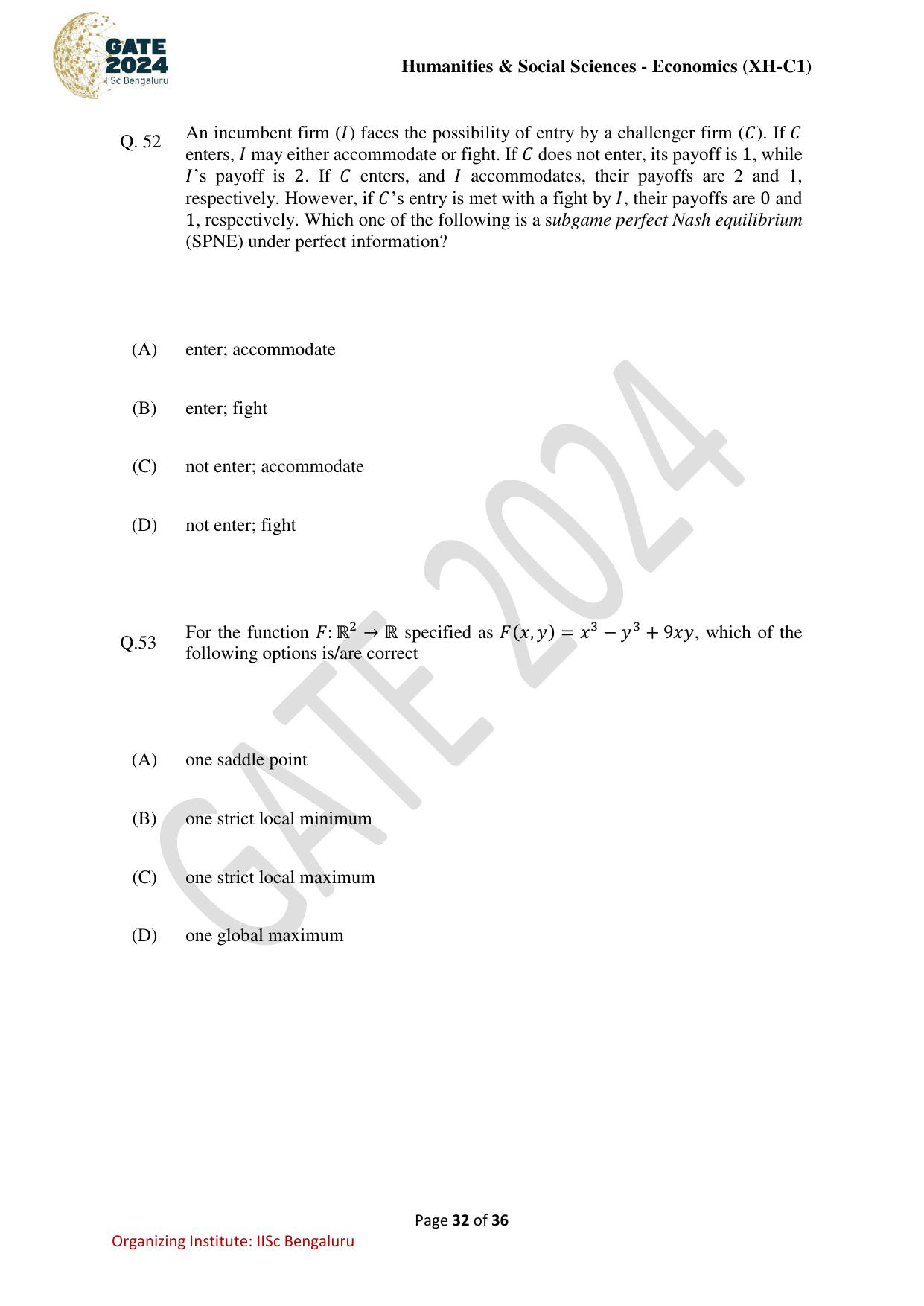 GATE 2024 Humanities & Social Sciences Economics (XH-C1) Question Paper - Page 32