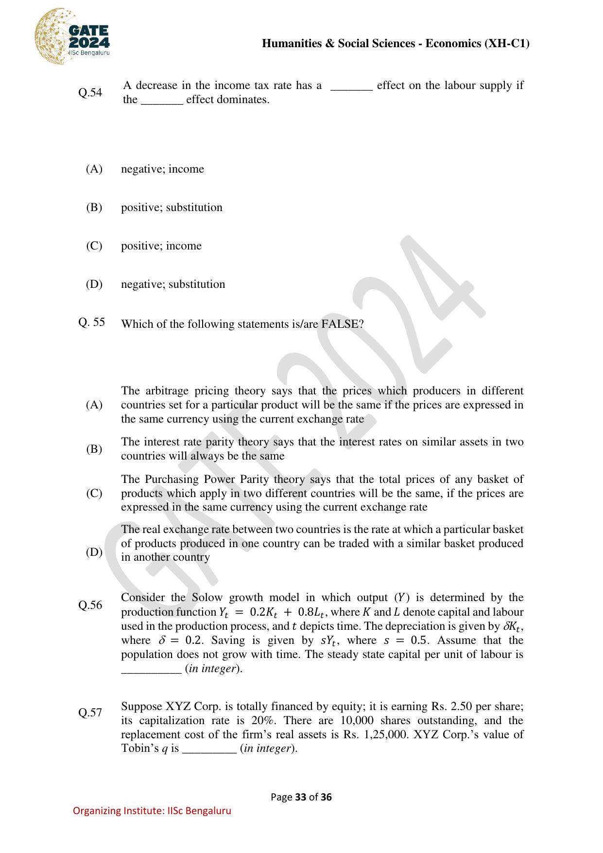 GATE 2024 Humanities & Social Sciences Economics (XH-C1) Question Paper - Page 33