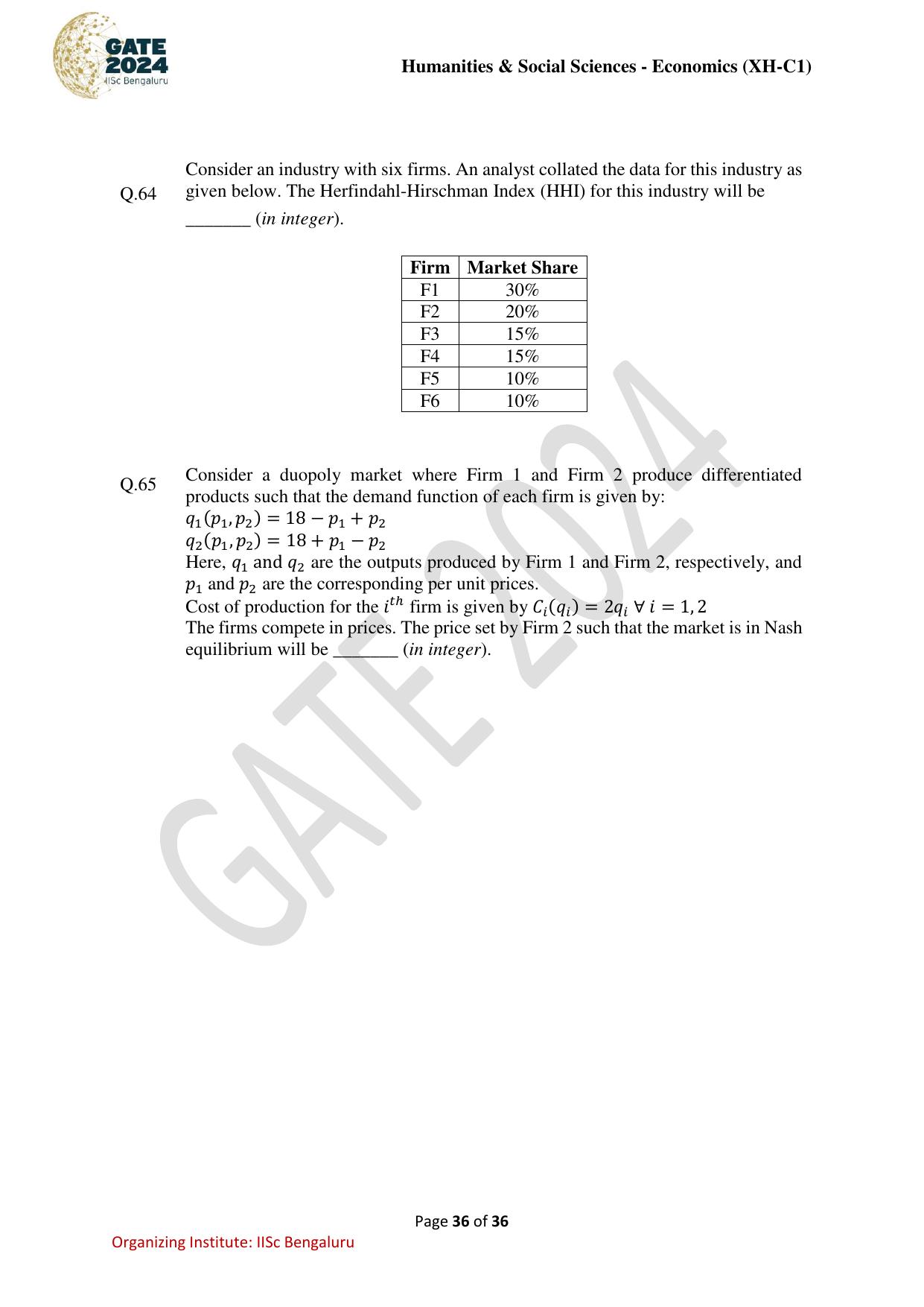 GATE 2024 Humanities & Social Sciences Economics (XH-C1) Question Paper - Page 36