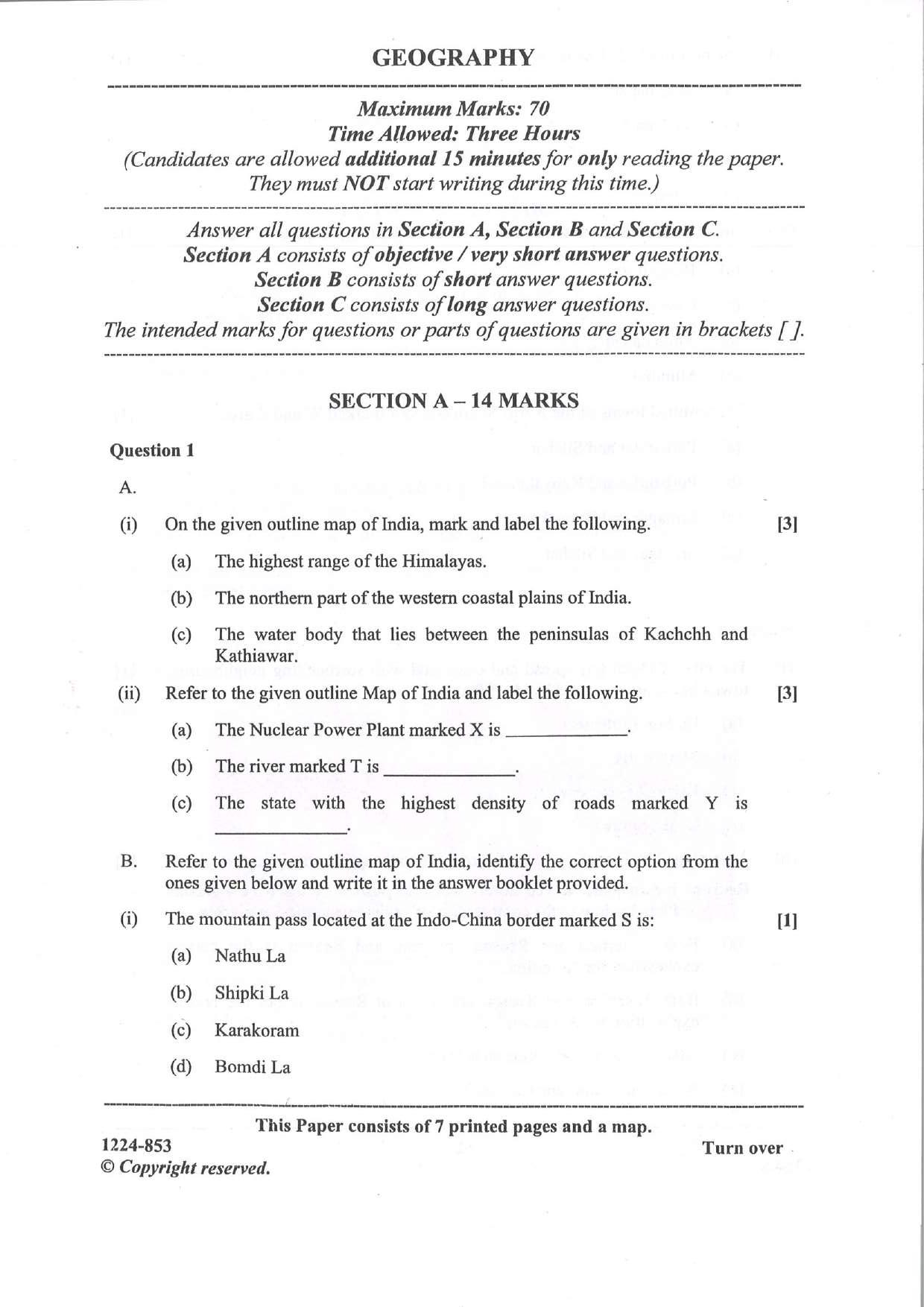 ISC Class 12 Geography 2024 Question Paper - Page 1