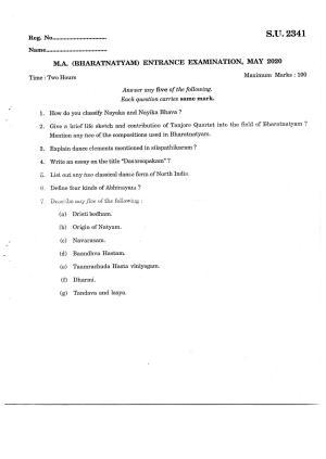 SSUS Entrance Exam Department of Bharathanatyam 2020 Question Paper