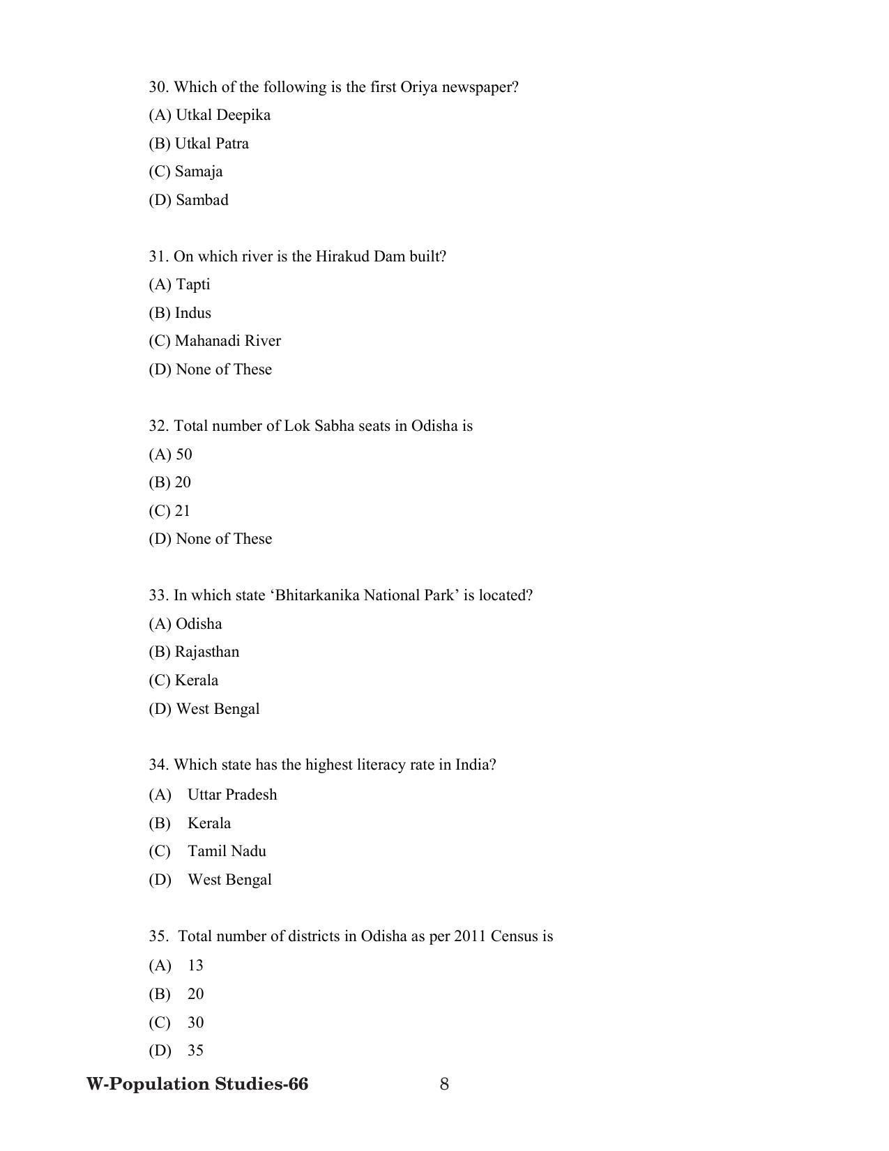 Odisha CPET 2022 POPULATION STUDIES Question Paper - Page 8