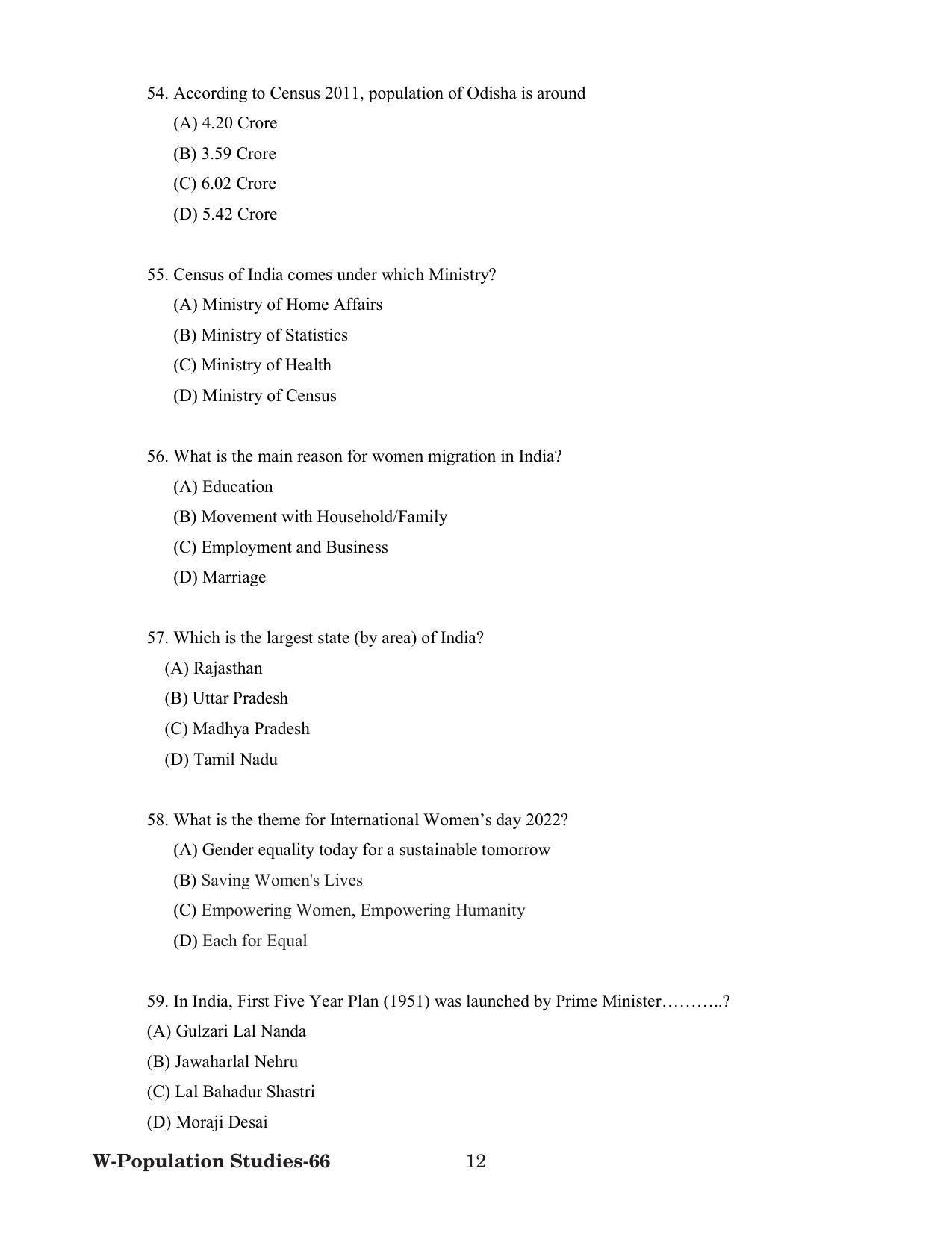 Odisha CPET 2022 POPULATION STUDIES Question Paper - Page 12
