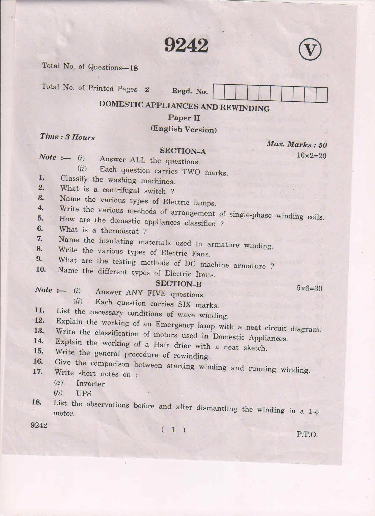 AP Inter 2nd Year Domestic Appliances and Rewinding-II March-2019-Vocational Question Paper - Page 1