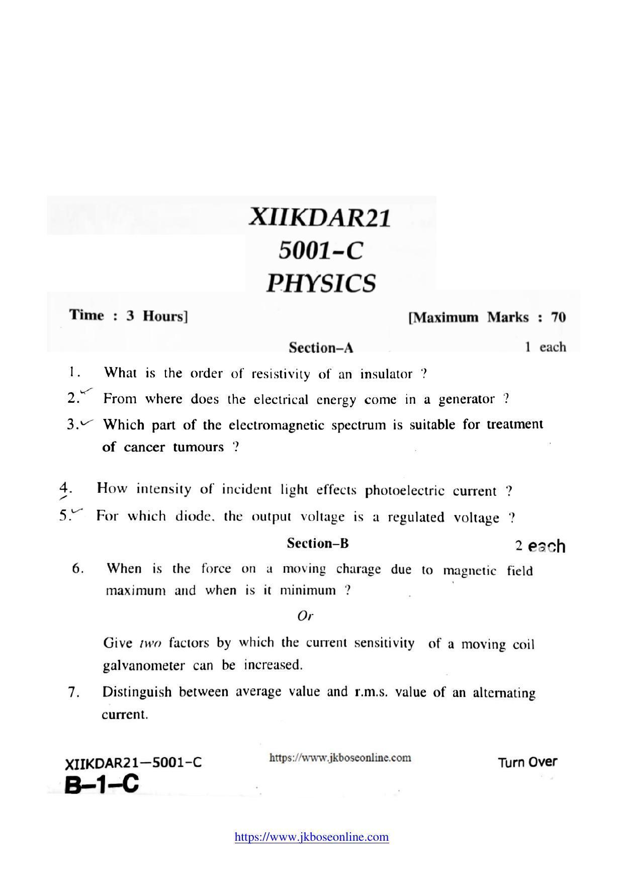 JKBOSE Class 12 Physics 5001-C Question Papers 2021 - Page 1