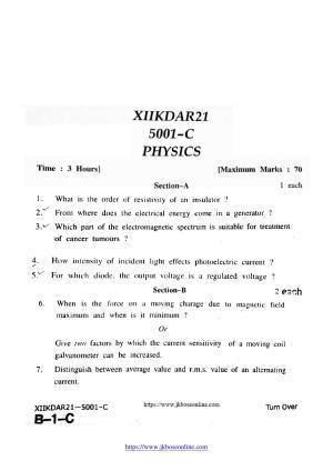 JKBOSE Class 12 Physics 5001-C Question Papers 2021