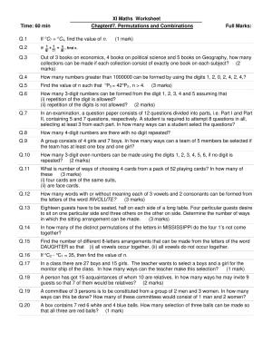 CBSE Worksheets for Class 11 Mathematics Permutations and Combinations Assignment 1