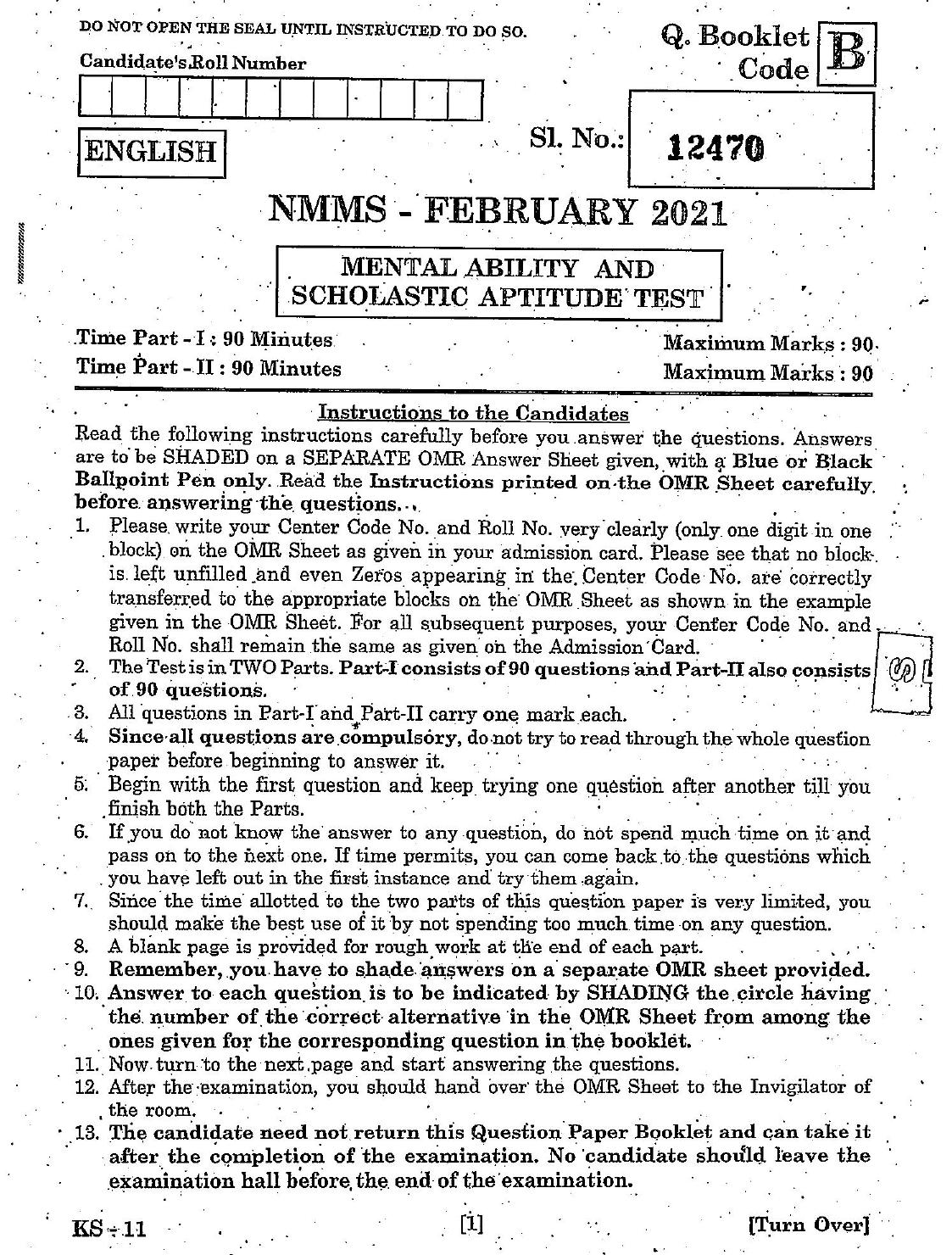 NMMS Feb 2021 - Booklet Code-B (English Medium) - Page 1