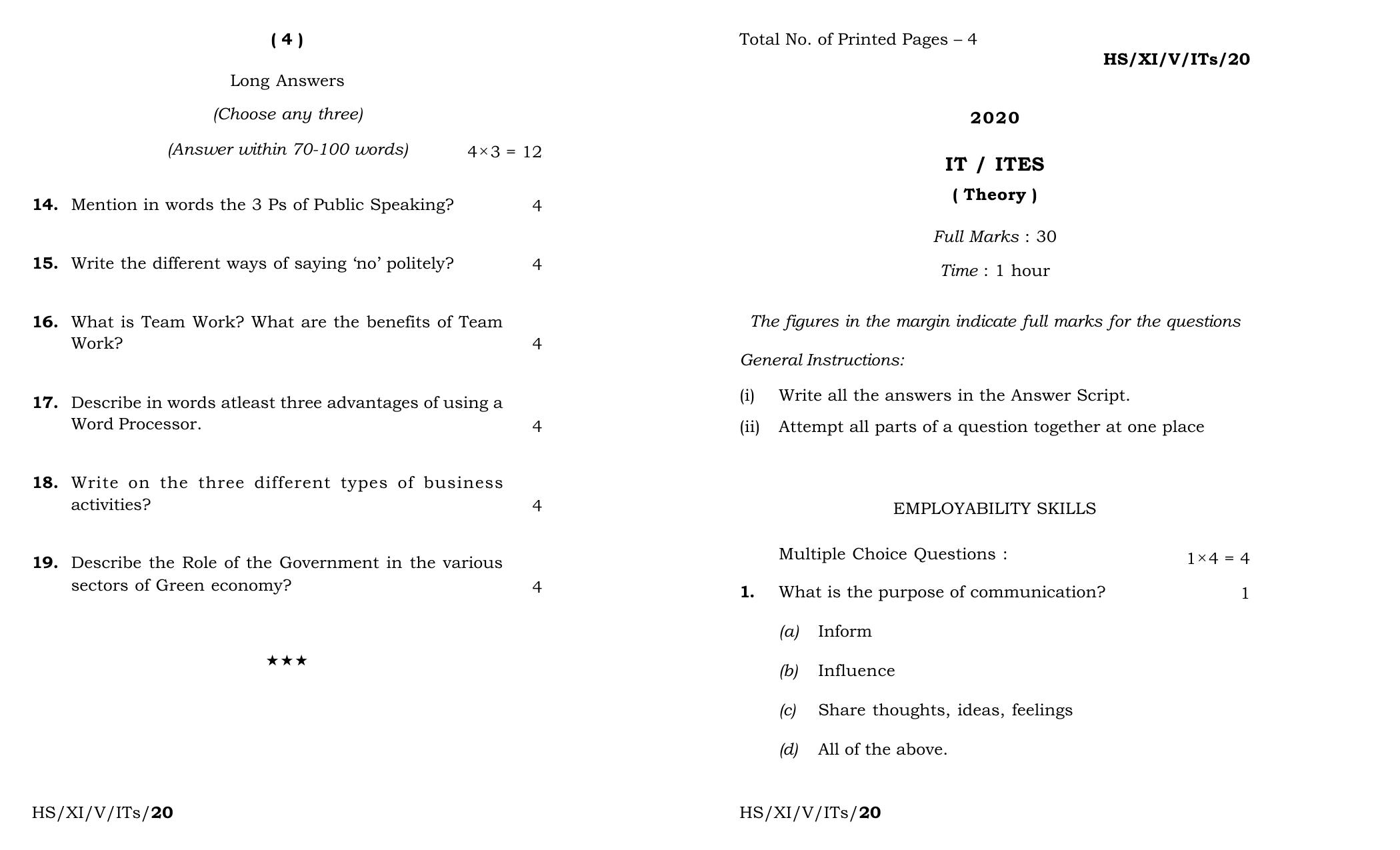 Meghalaya Board (MBOSE) Class 11 IT ITES 2020 Question Paper - Page 1