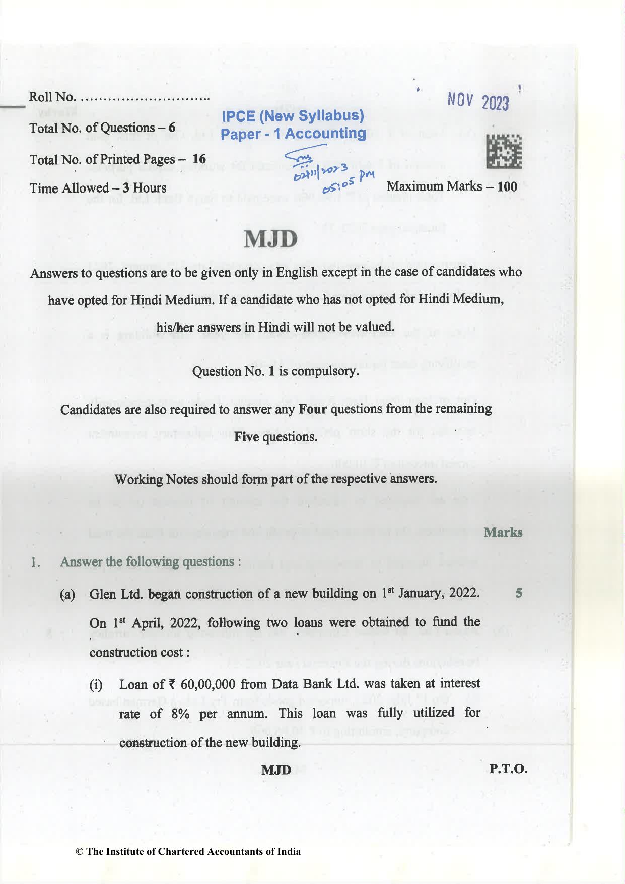 CA Inter Nov 2023 Question Paper - Paper 1 - Accounting - Page 1