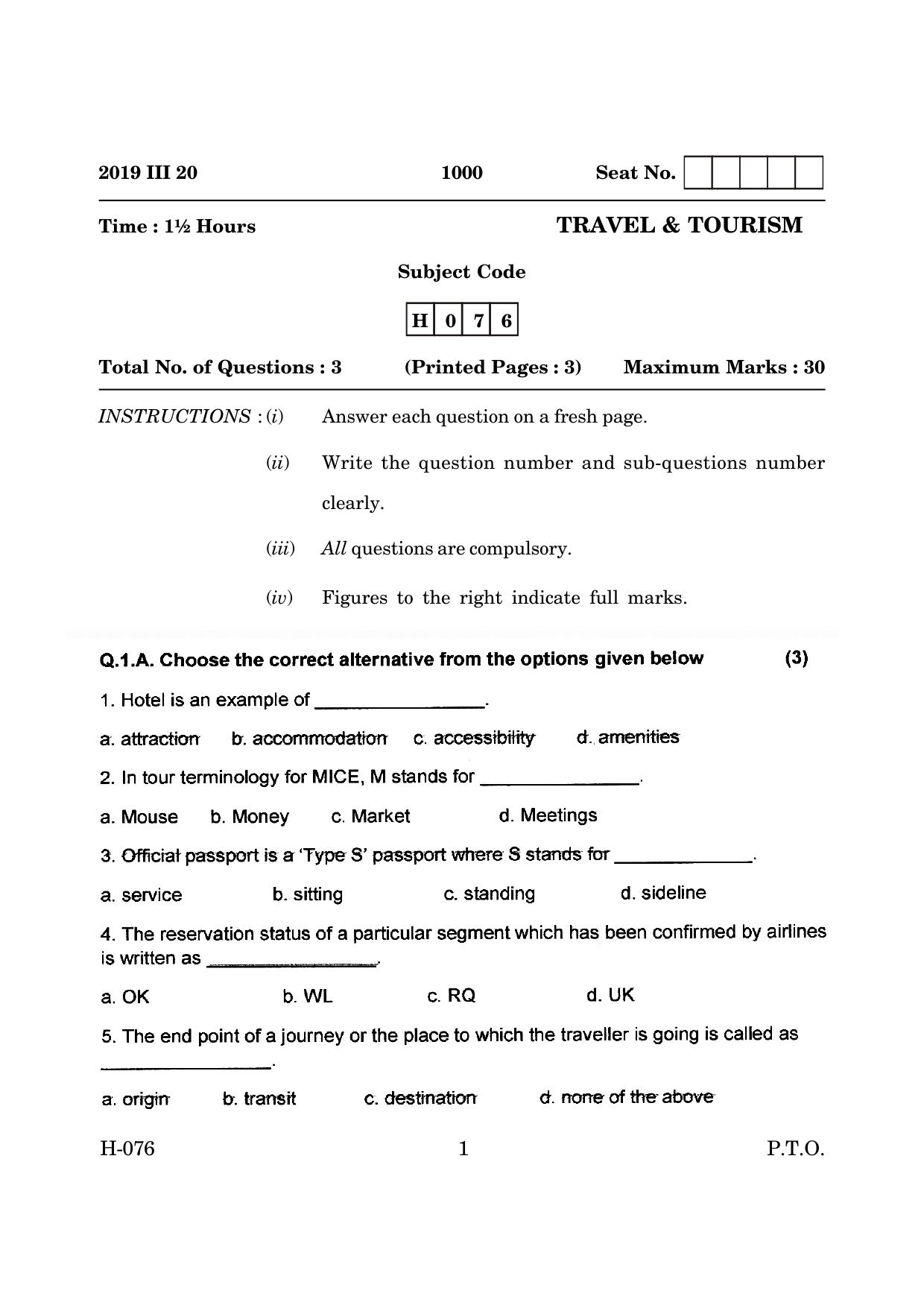 Goa Board Class 12 Travel & Tourism   (March 2019) Question Paper - Page 1