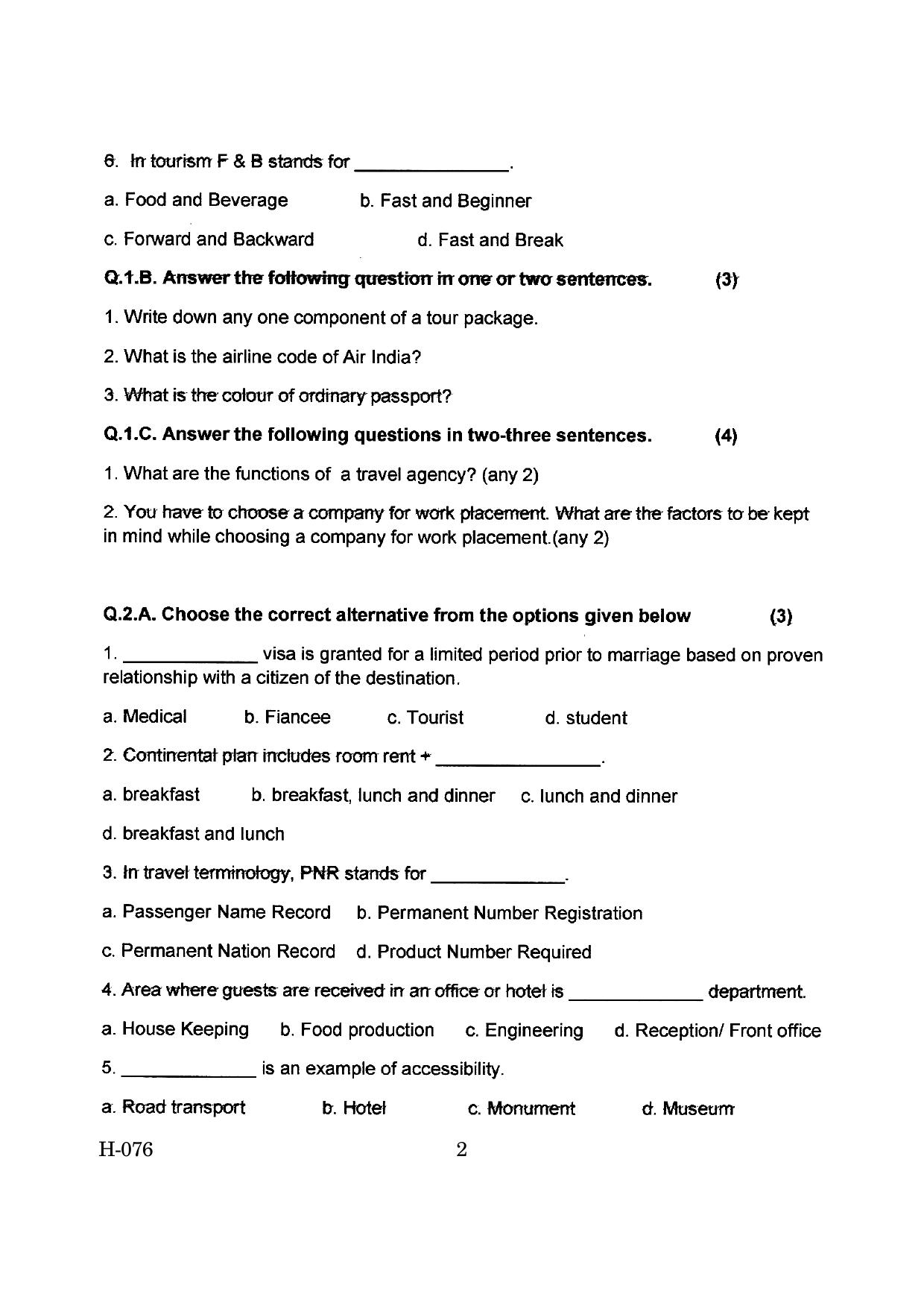 Goa Board Class 12 Travel & Tourism   (March 2019) Question Paper - Page 2