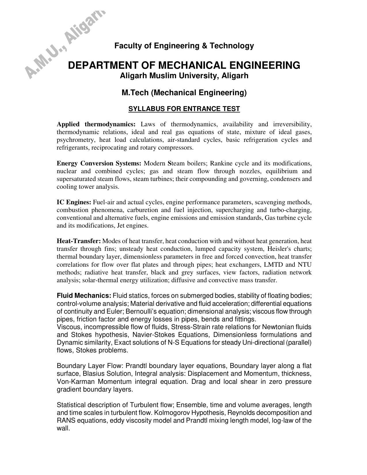 AMU Entrance Exam: M. Tech. Mechanical Engg. Syllabus - Page 1