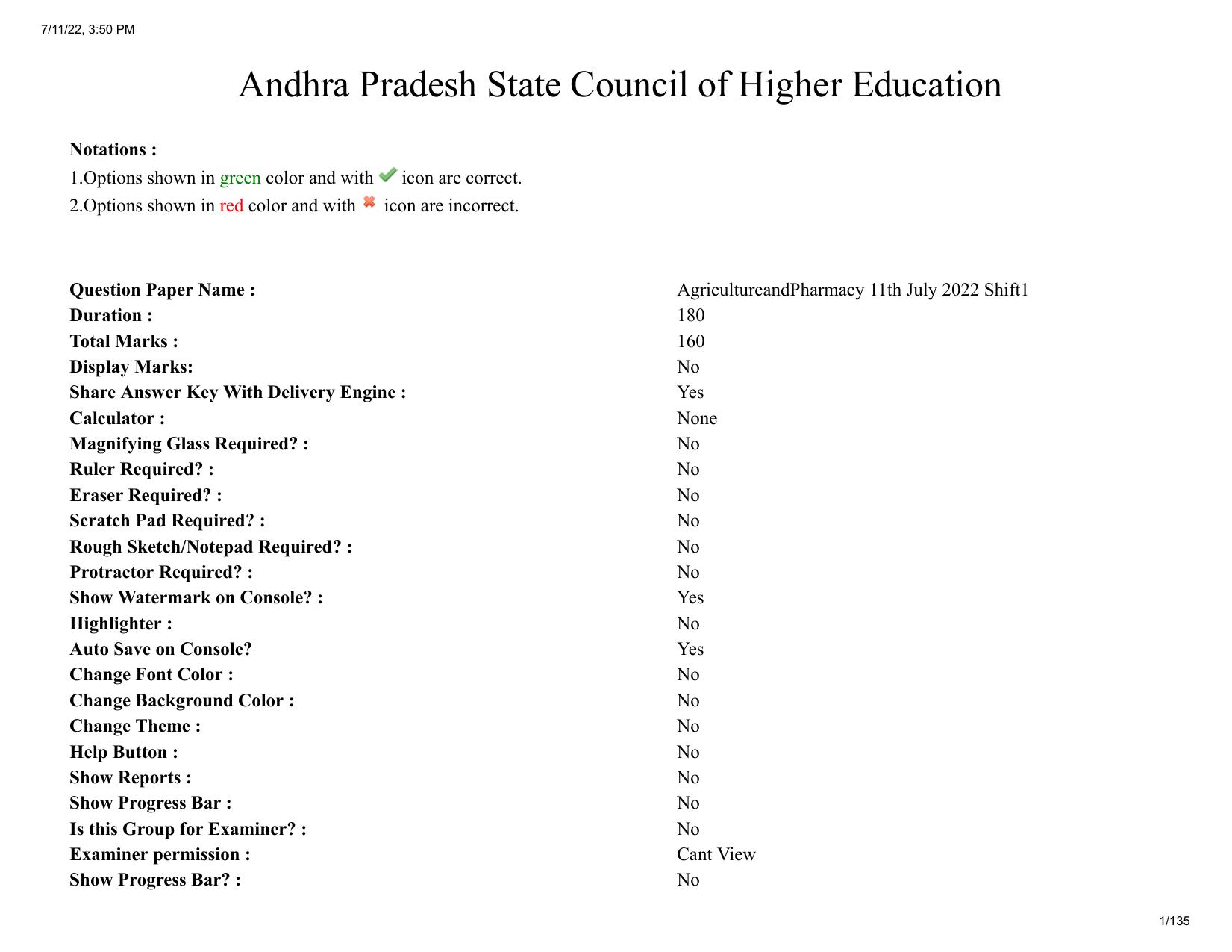 AP EAPCET 2022 - 11th July 2022 - Agricultureand Pharmacy Question Paper With Preliminary Keys Shift 1 - Page 1