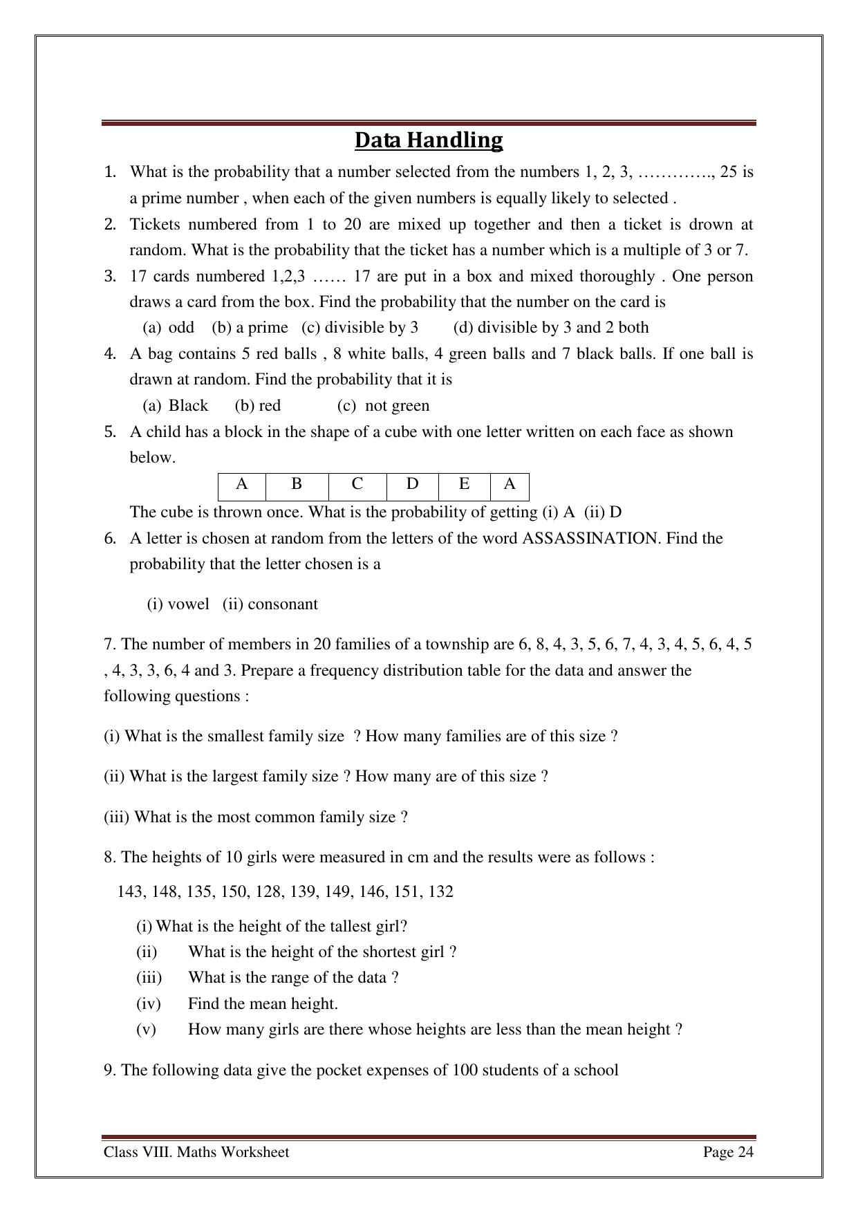 CBSE Worksheets for Class 8 Mathematics Data Handling Assignment 4 - Page 1
