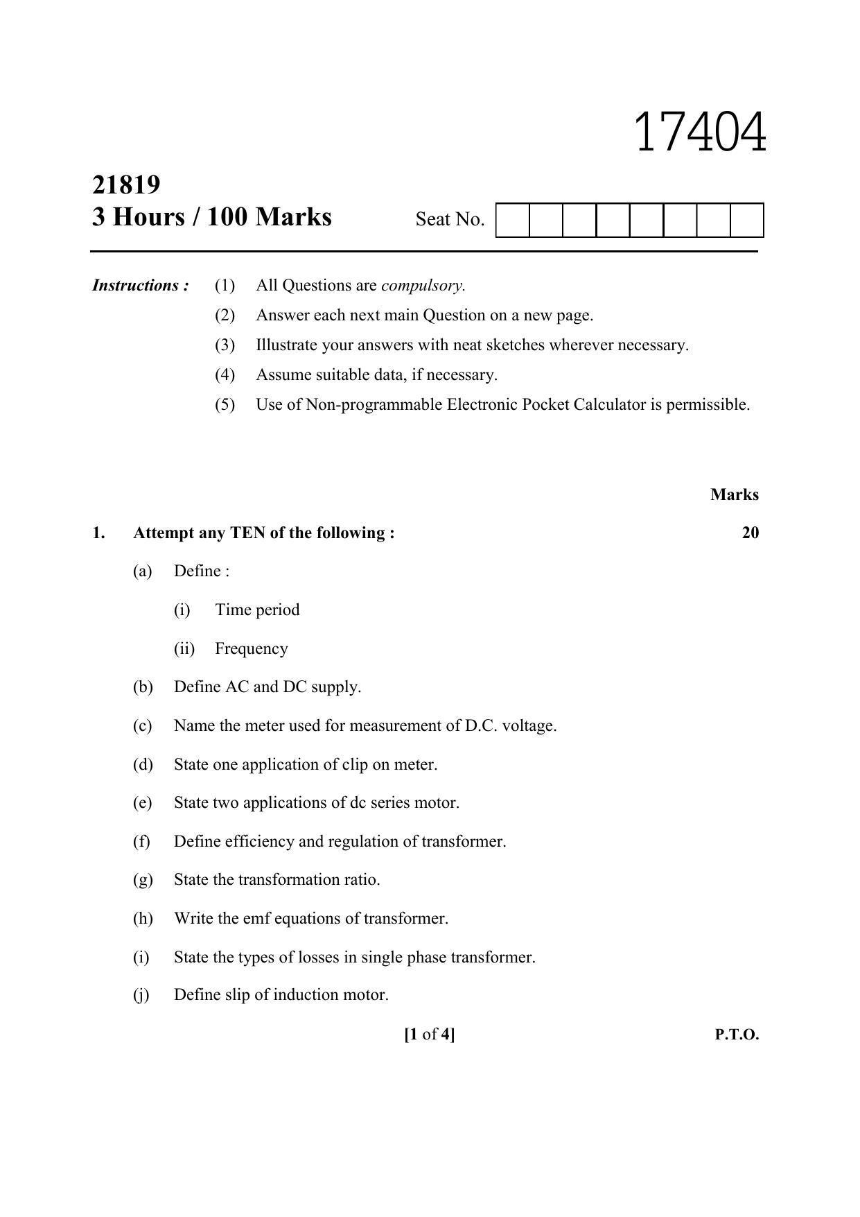 MSBTE Summer Question Paper 2019 - ELECTRICAL ENGINEERING - Page 1