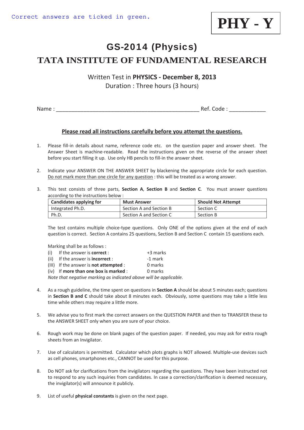 TIFR GS 2014 Physics Y Question Paper - Page 1