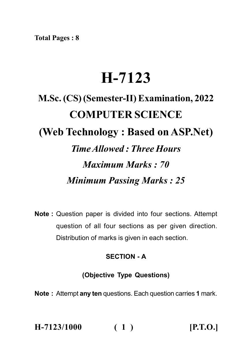 Sarguja University Question Paper July-2022 : M.Sc. In Computer Science (Second Sem.)Web Technology Based On ASP.NET Paper 1 - Page 1