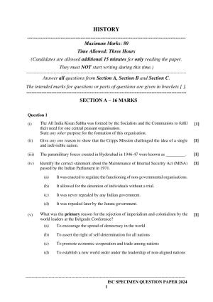 ISC Class 12 2024 History Sample Paper