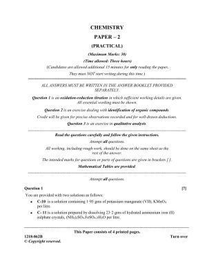 ISC Class 12 2018 Chemistry (Paper II - Practicals) Question Paper