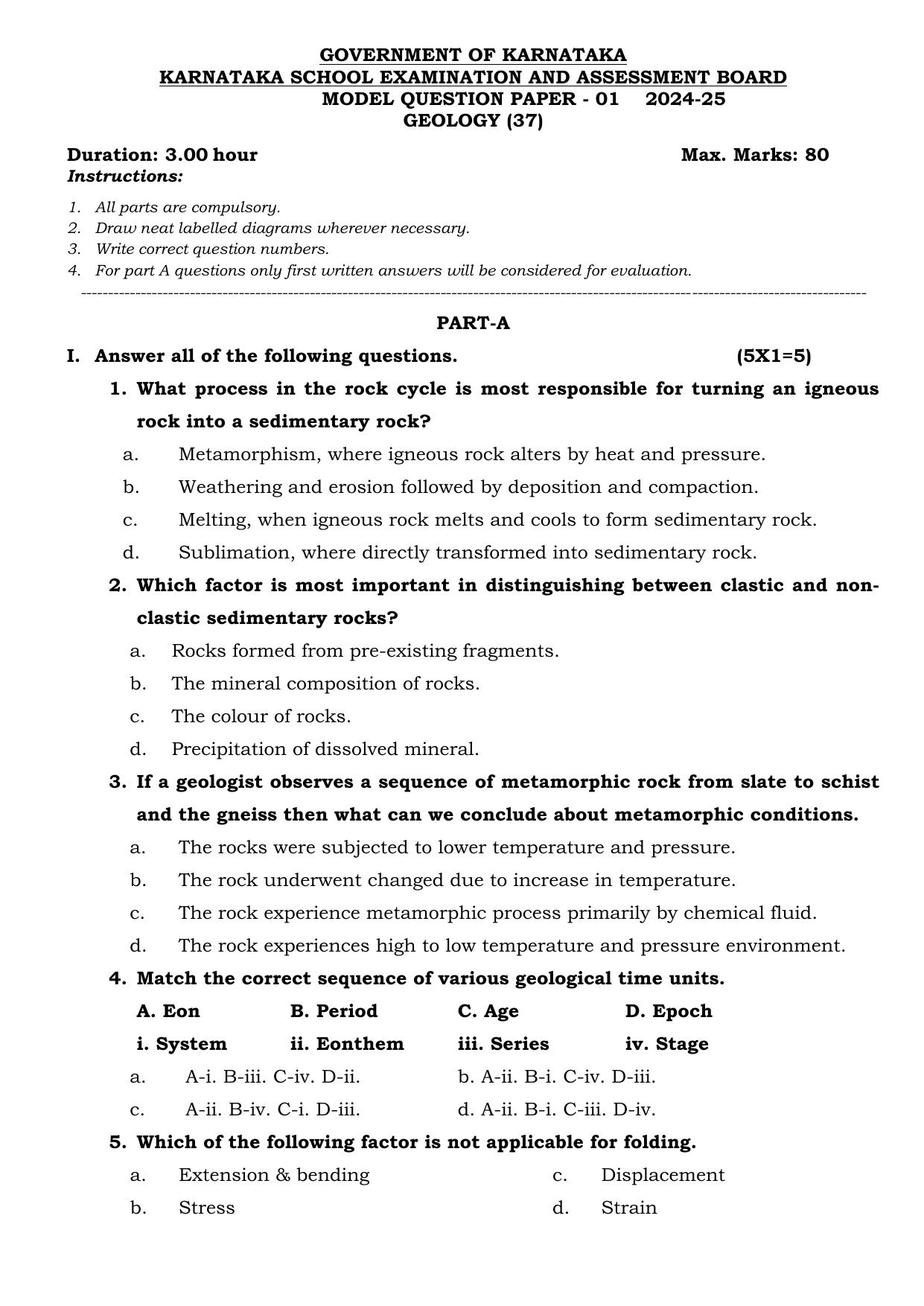 Karnataka II PUC Geology Model Question Paper I 2025 - Page 1